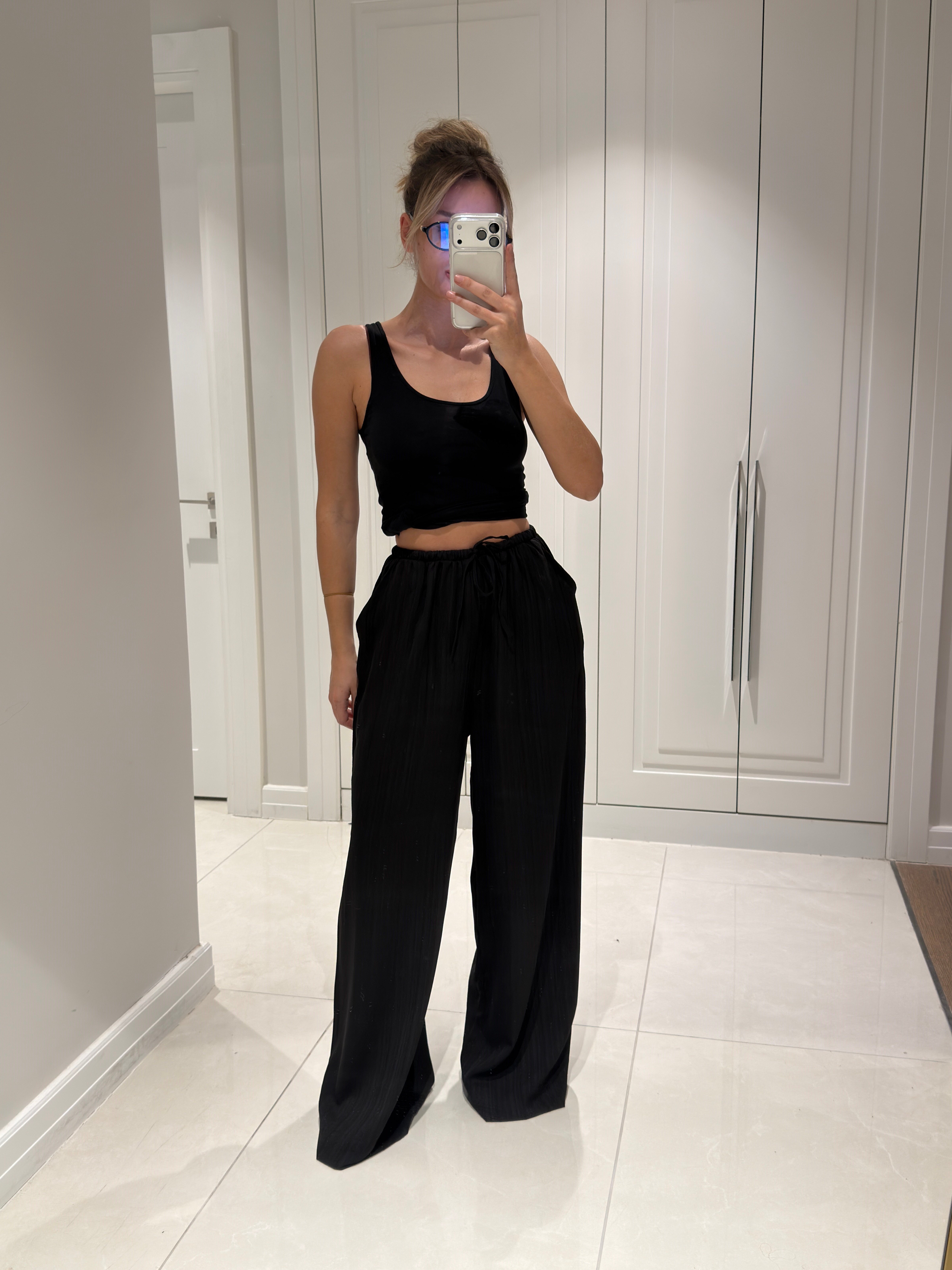 Aria Siyah Beli Lastikli Gofre Pantolon