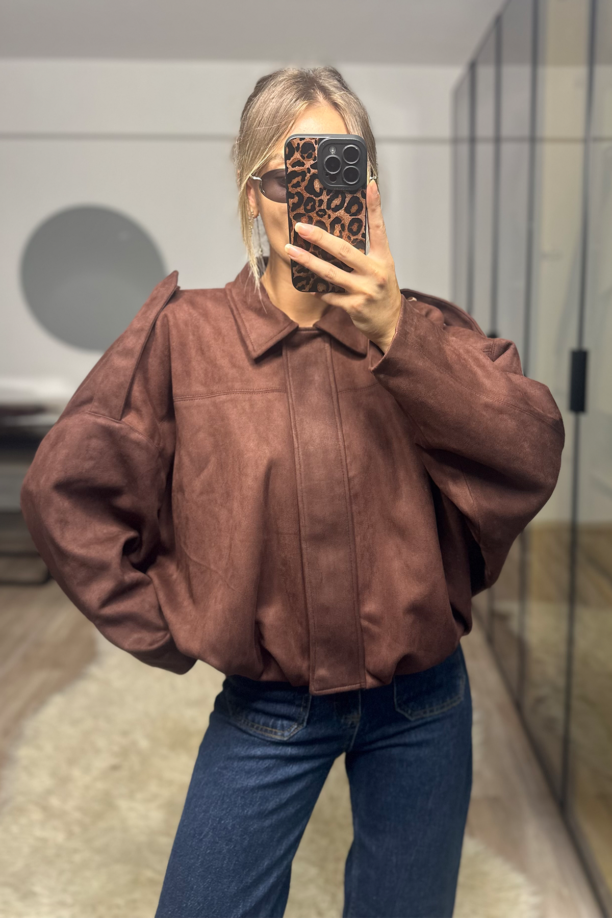 Betty Acı Kahve Oversize Kadın Bomber Süet Deri Ceket