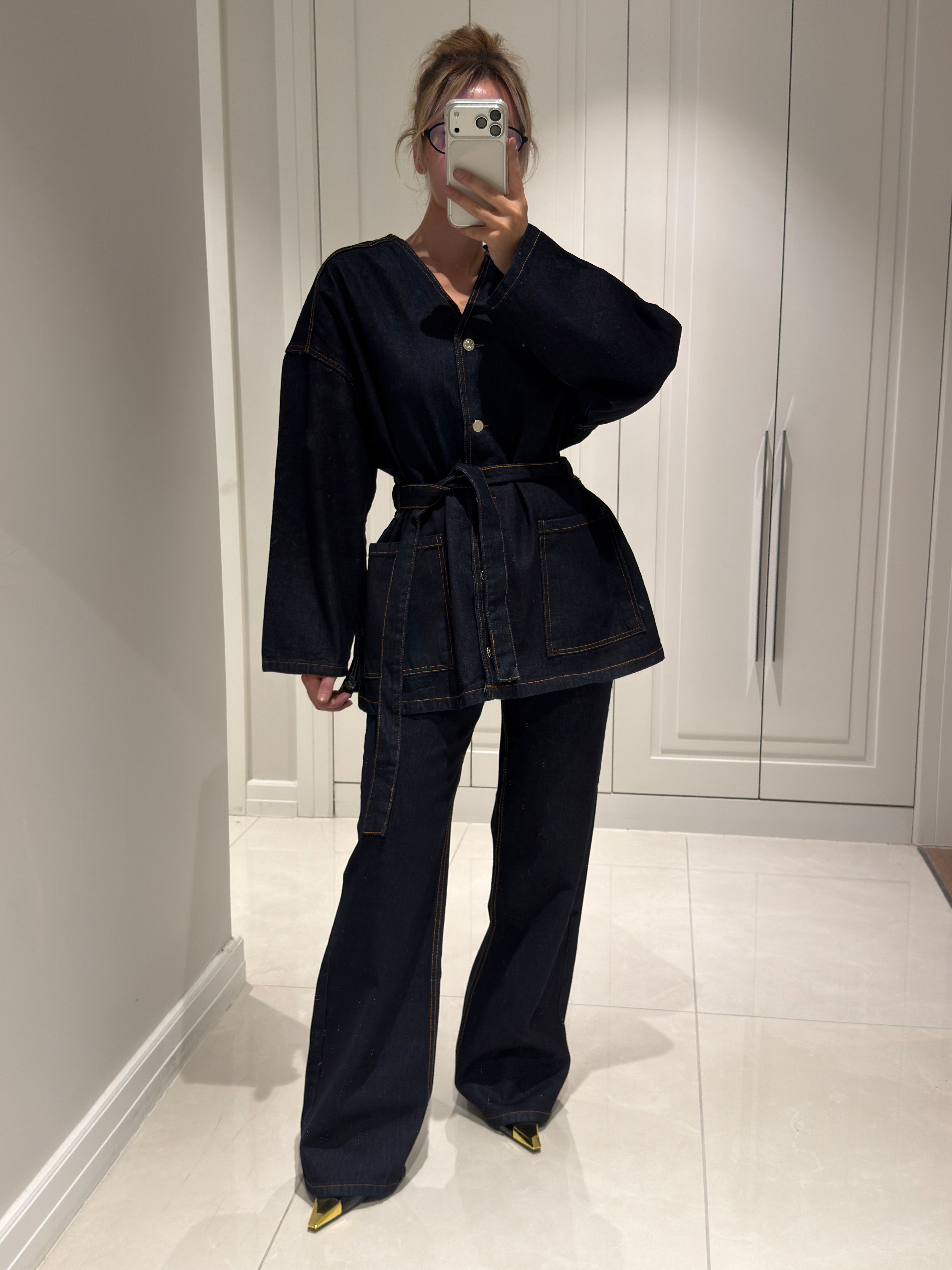 Bianca Kuşaklı Tasarım Denim Takım