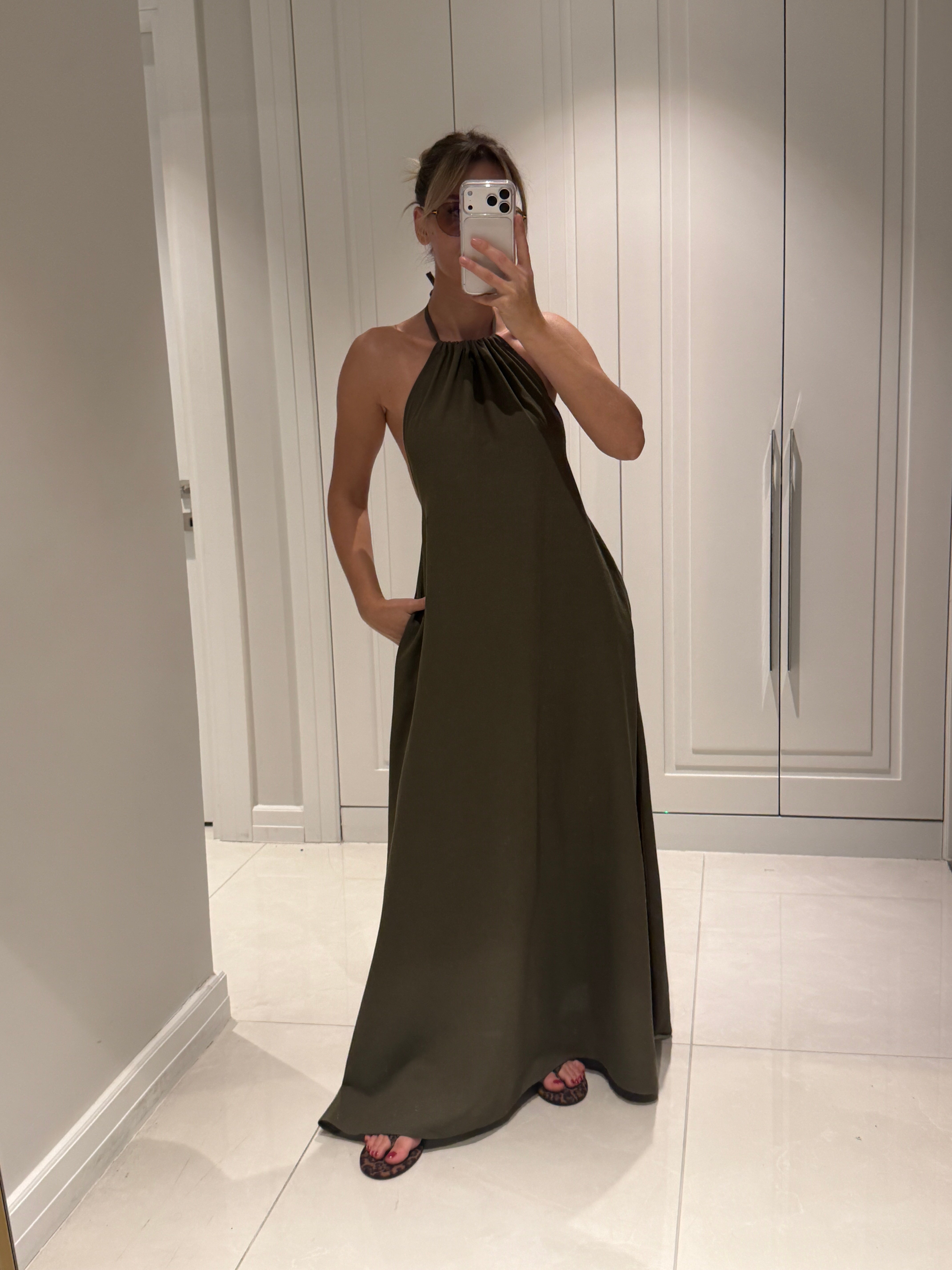 Cara Haki Halter Yaka Sırt Dekolteli %100 Bambu Keten Elbise