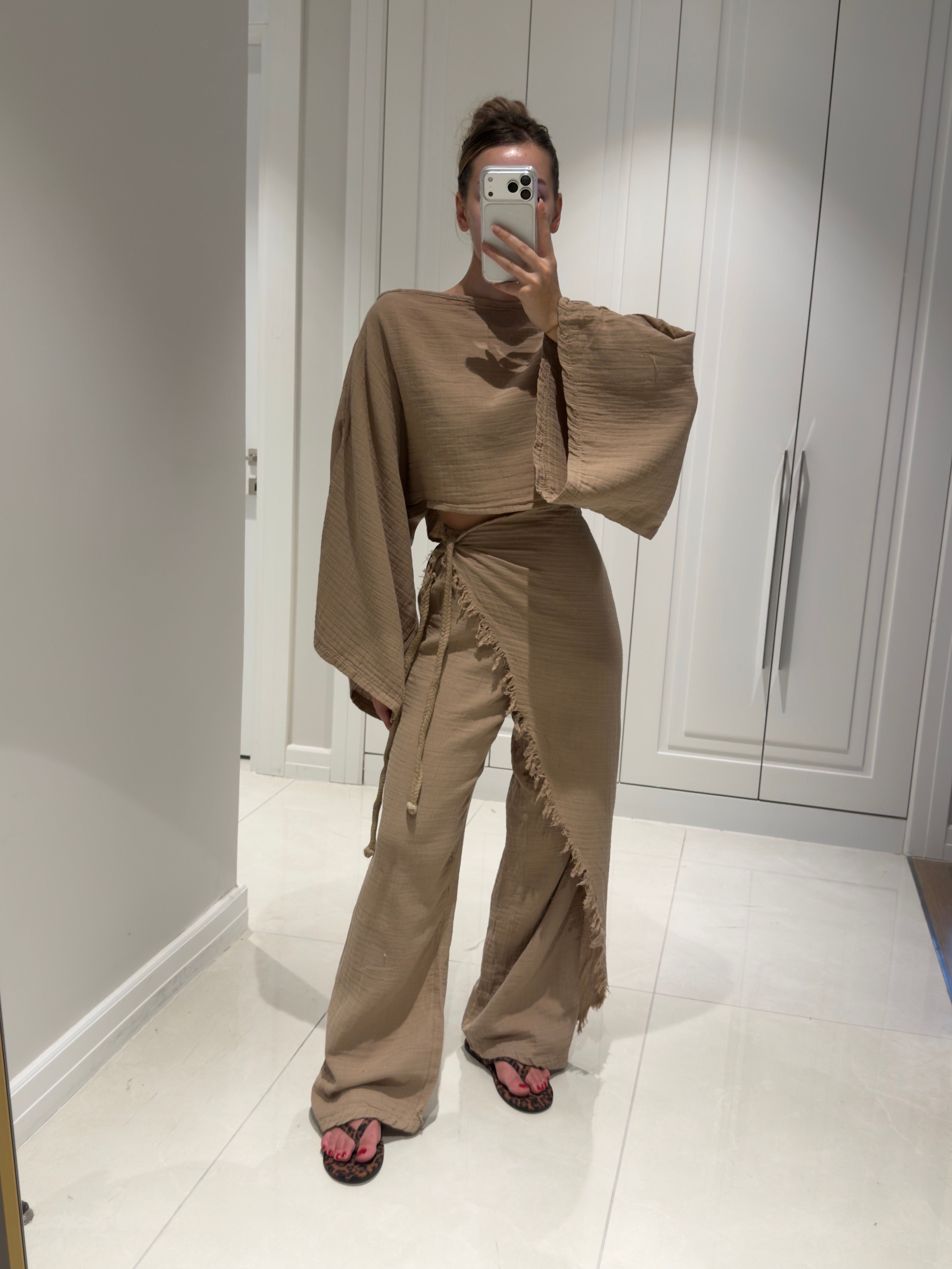 Darla Vizon Müslin Kumaş Zarf Pantolon Crop Takım
