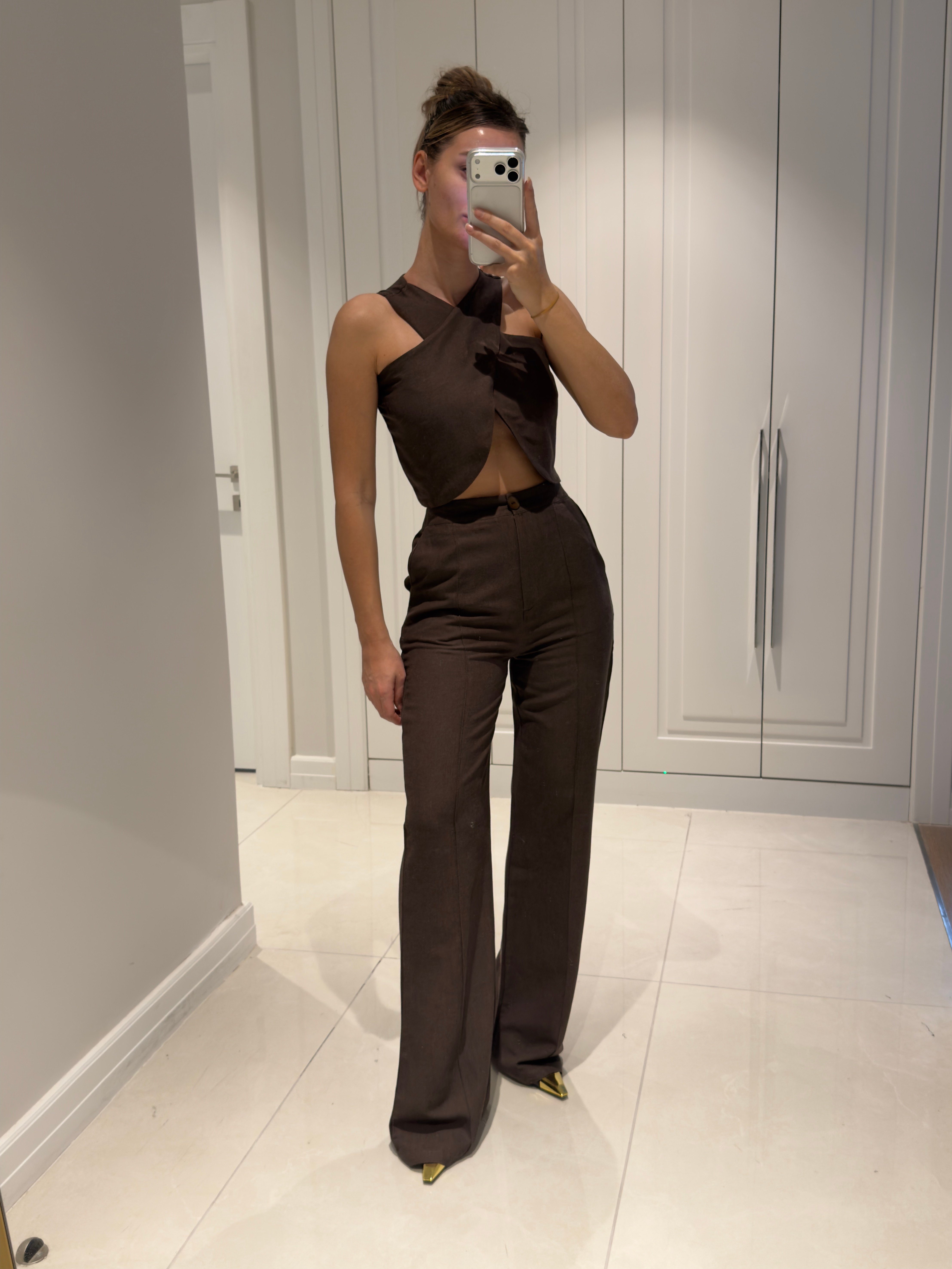 Edna Acı Kahve Bambu Keten Asimetrik Bluz Pantolon Takım