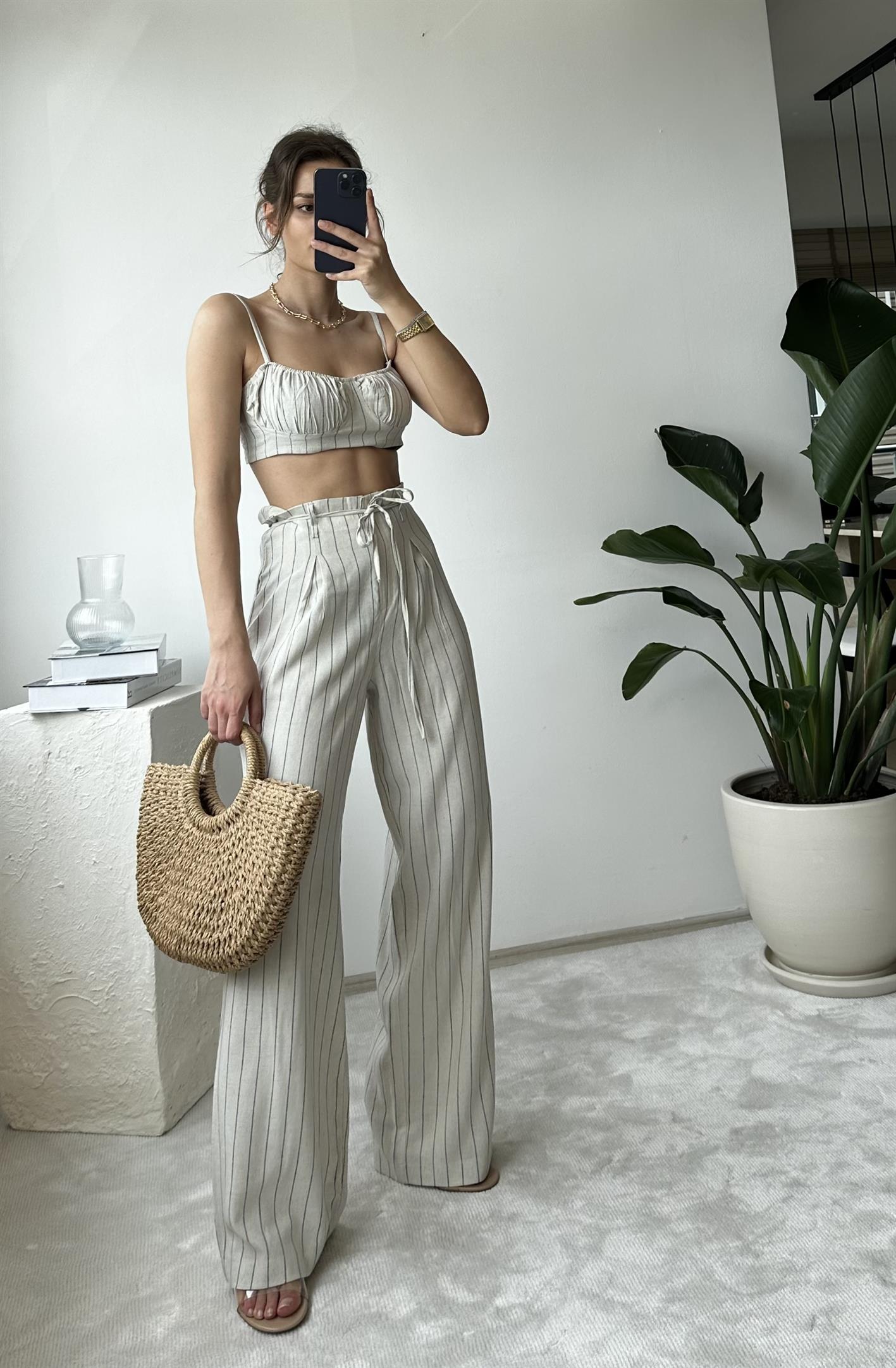 Edna Çizgili Keten Crop Pantolon Takım