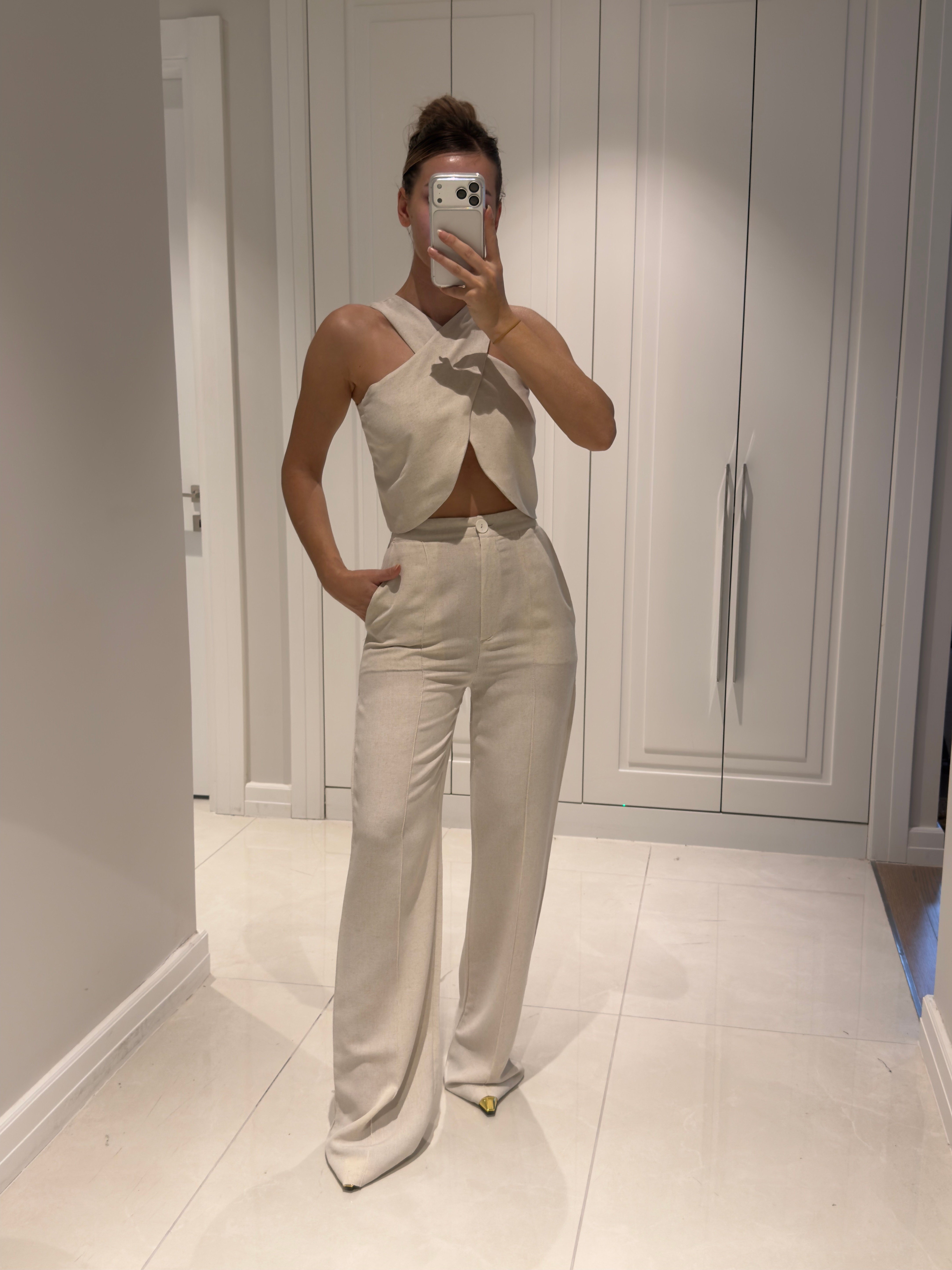 Edna Natür Bambu Keten Asimetrik Bluz Pantolon Takım