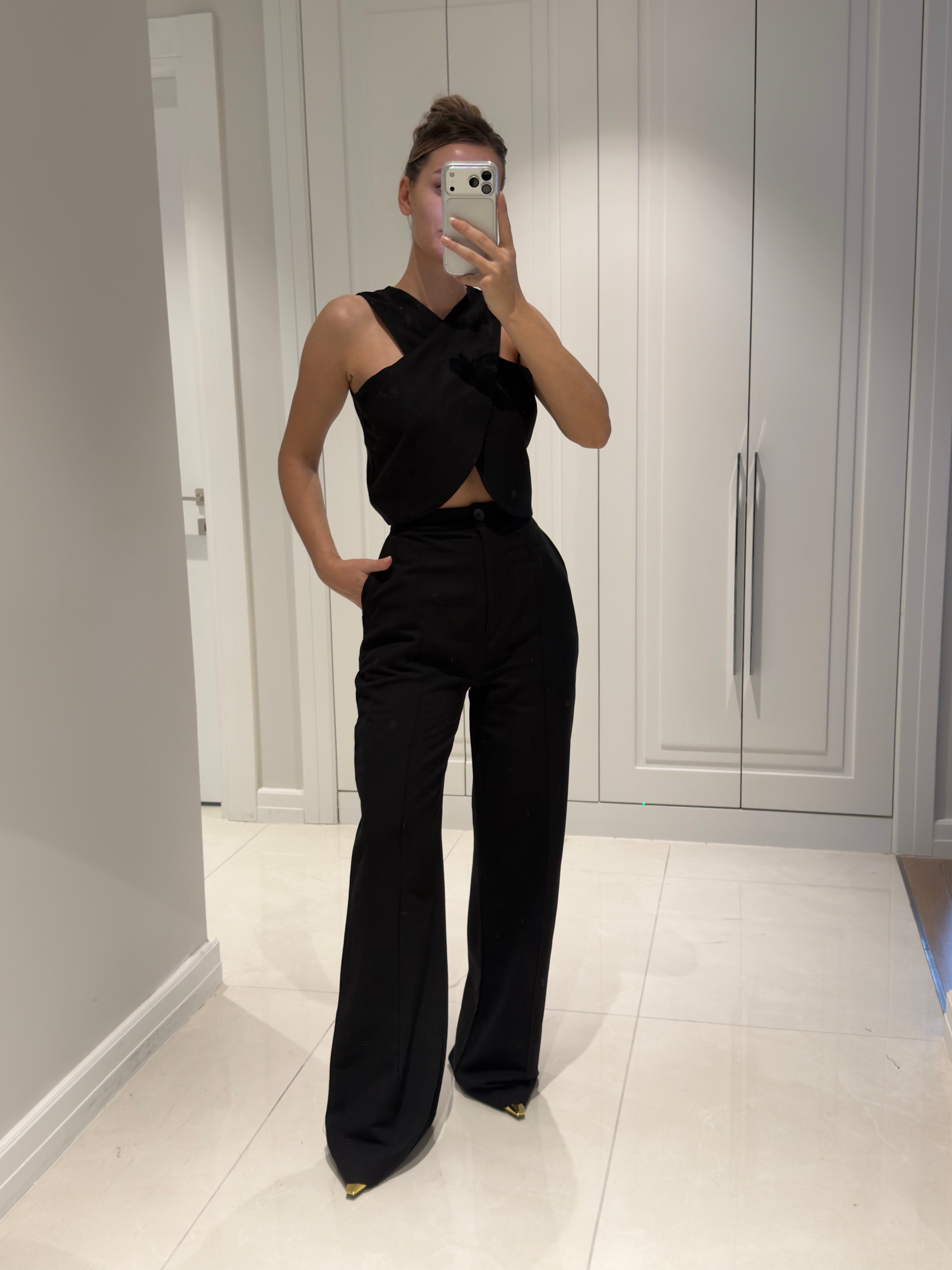 Edna Siyah Bambu Keten Asimetrik Bluz Pantolon Takım