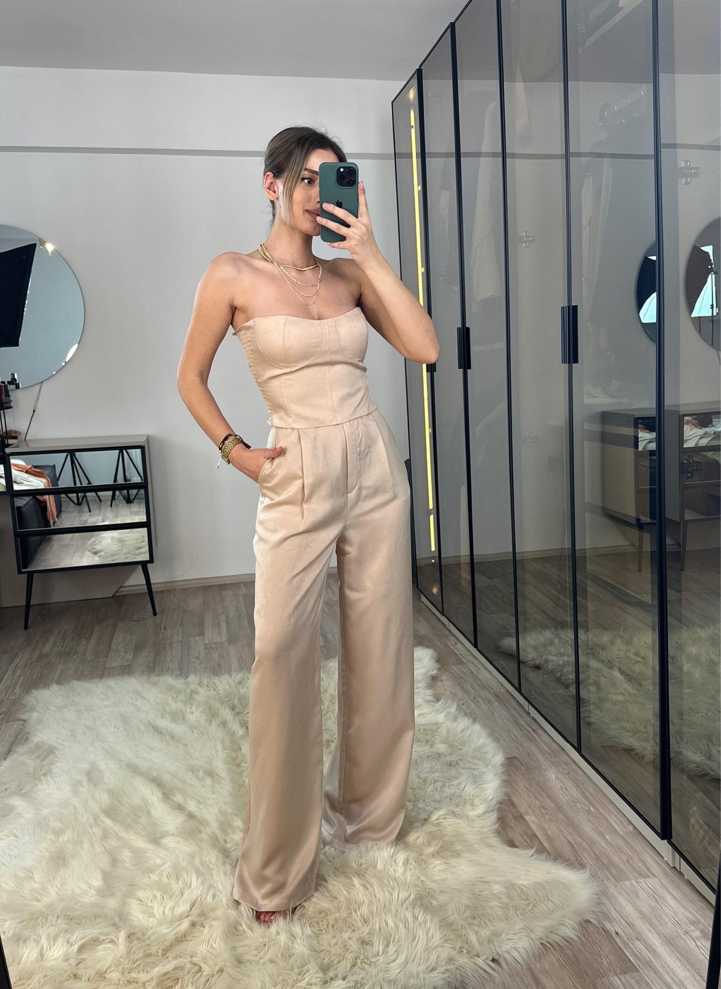 Elegante Vizon Saten Straplez Bustiyer Pantolon Takım
