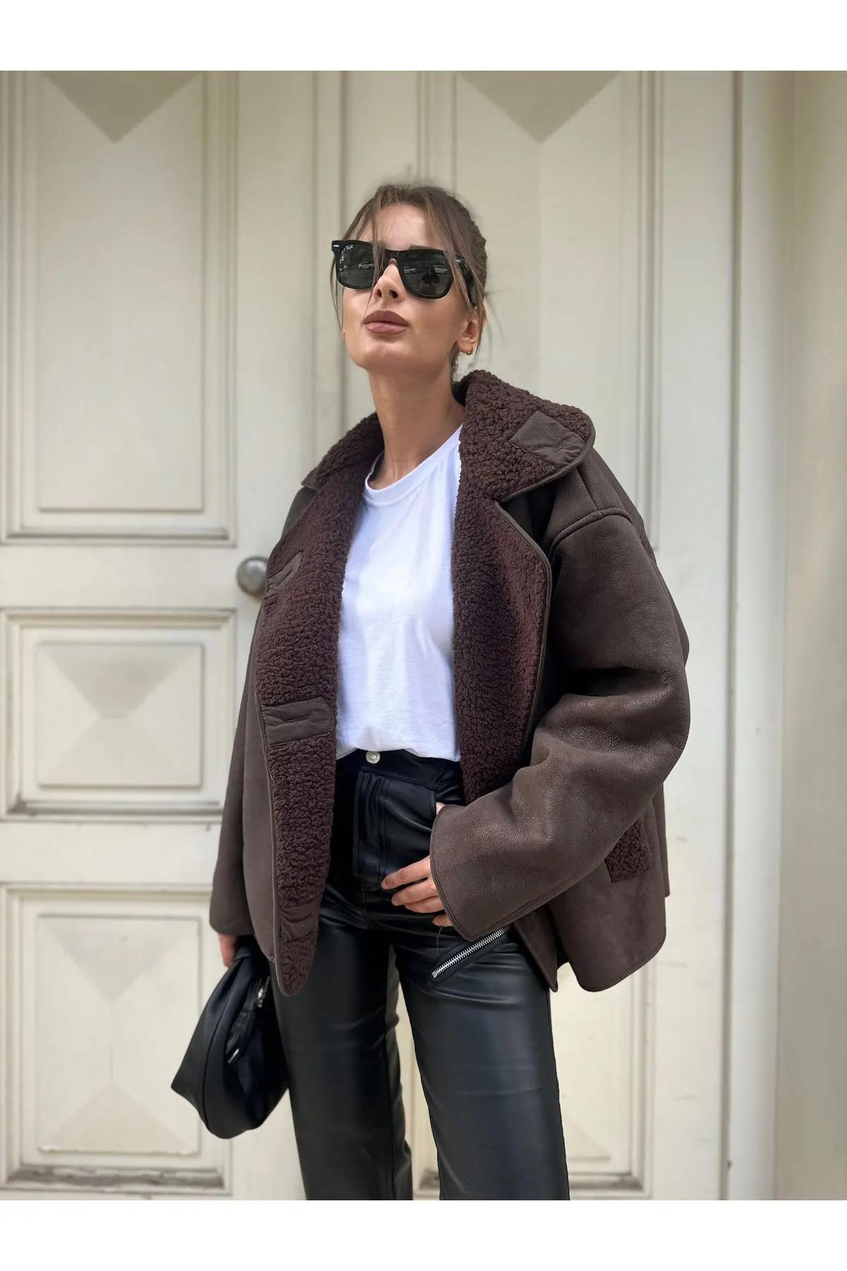 Else Model Else Kahve Dokulu Süet İçi Peluşlu Oversize ZR Model Mont