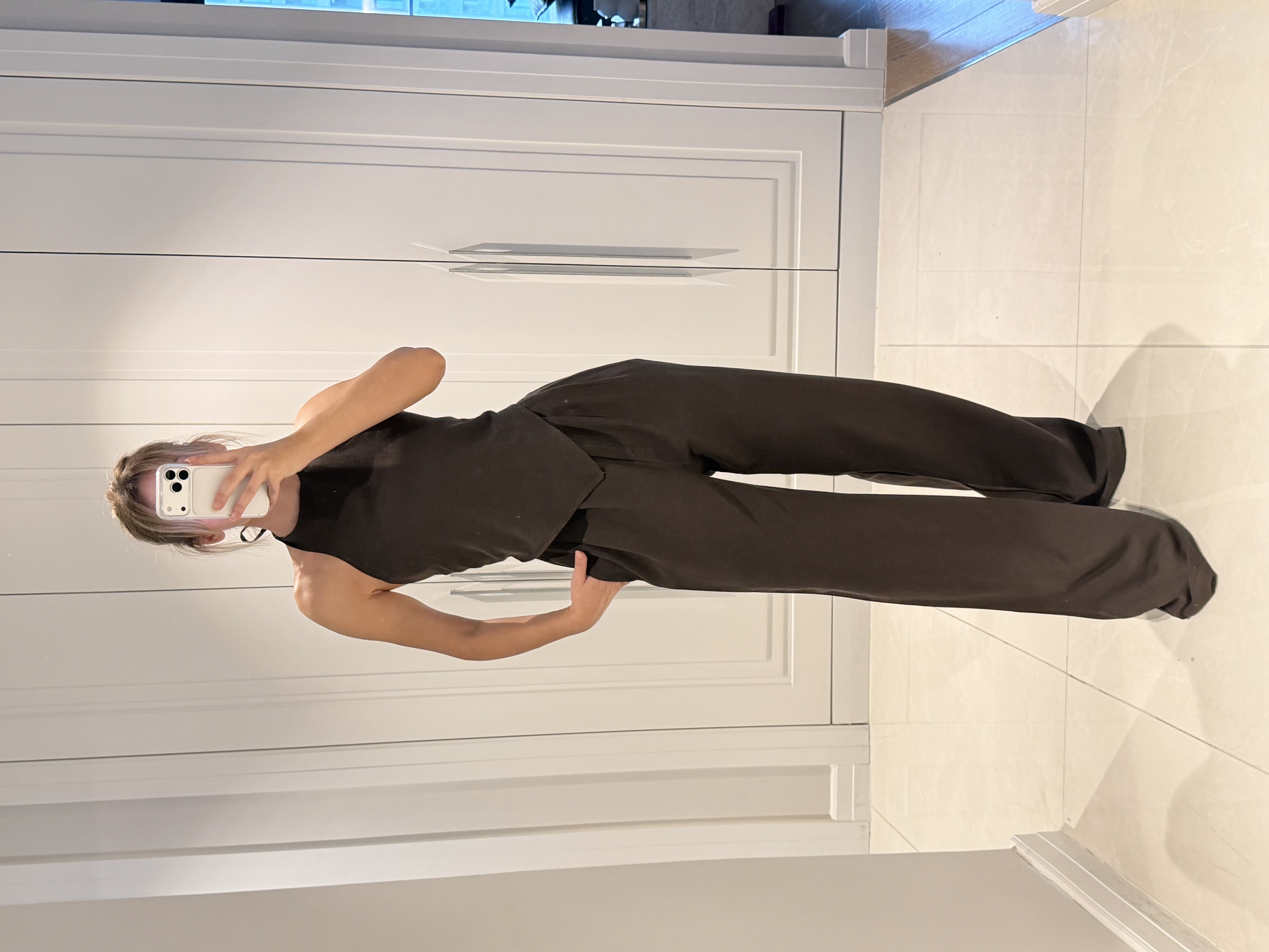 Emily Acı Kahve Bambu Keten Asimetrik Halter Yaka Bluz Pantolon Takım