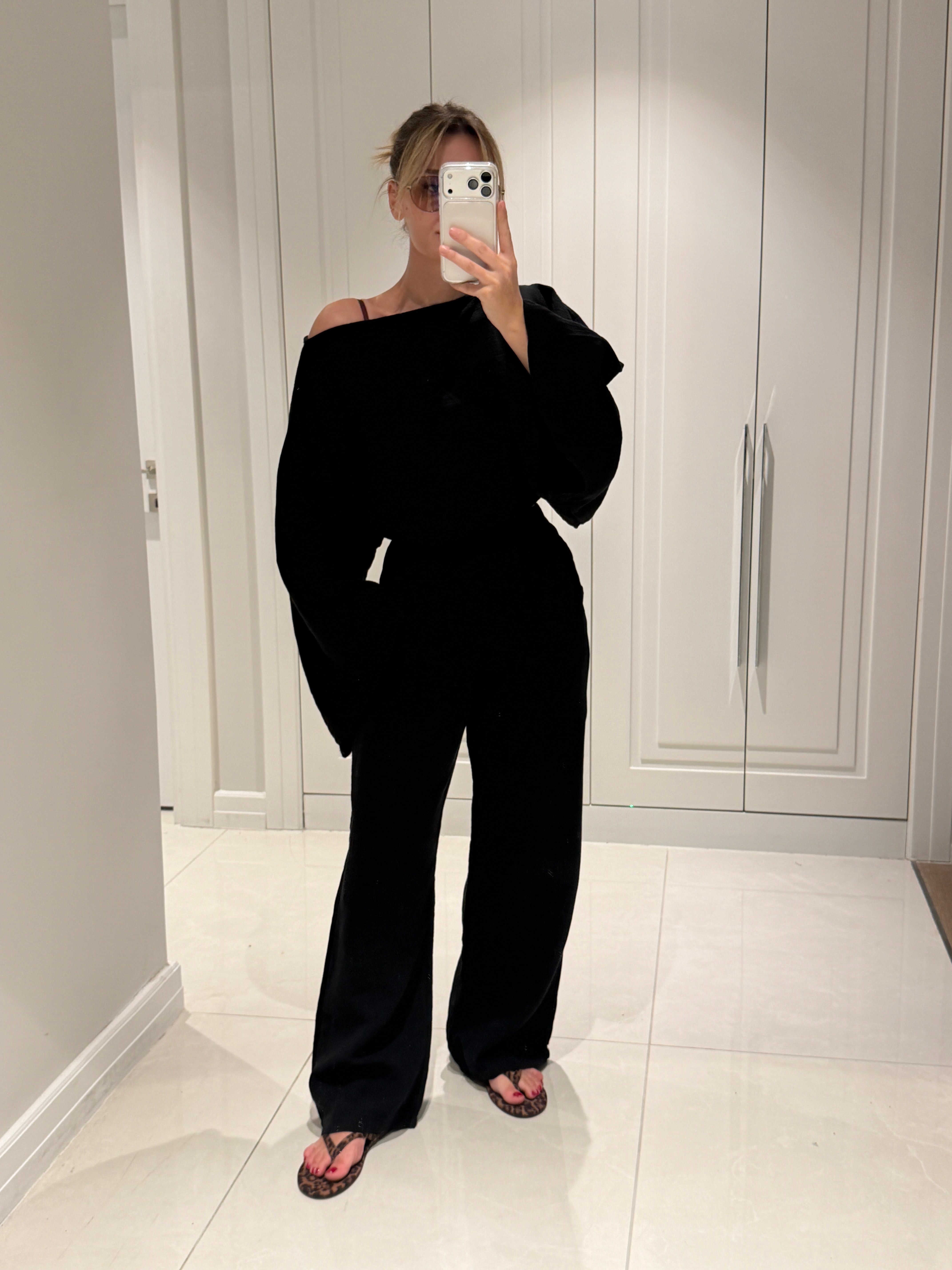 Gloria Siyah Müslin Kumaş Bluz Pantolon Takım