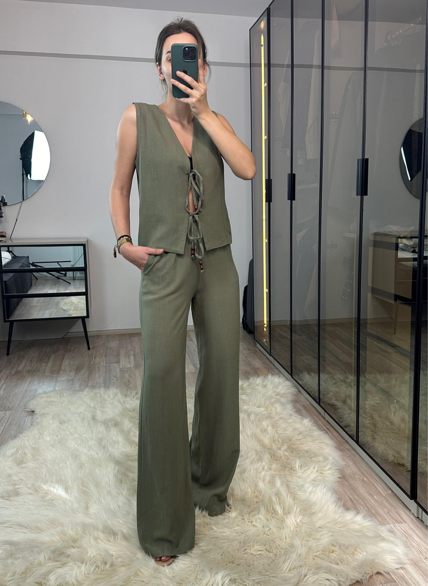 Julia Haki Boncuk Detaylı %100 Ham Keten Yelek Pantolon Takım