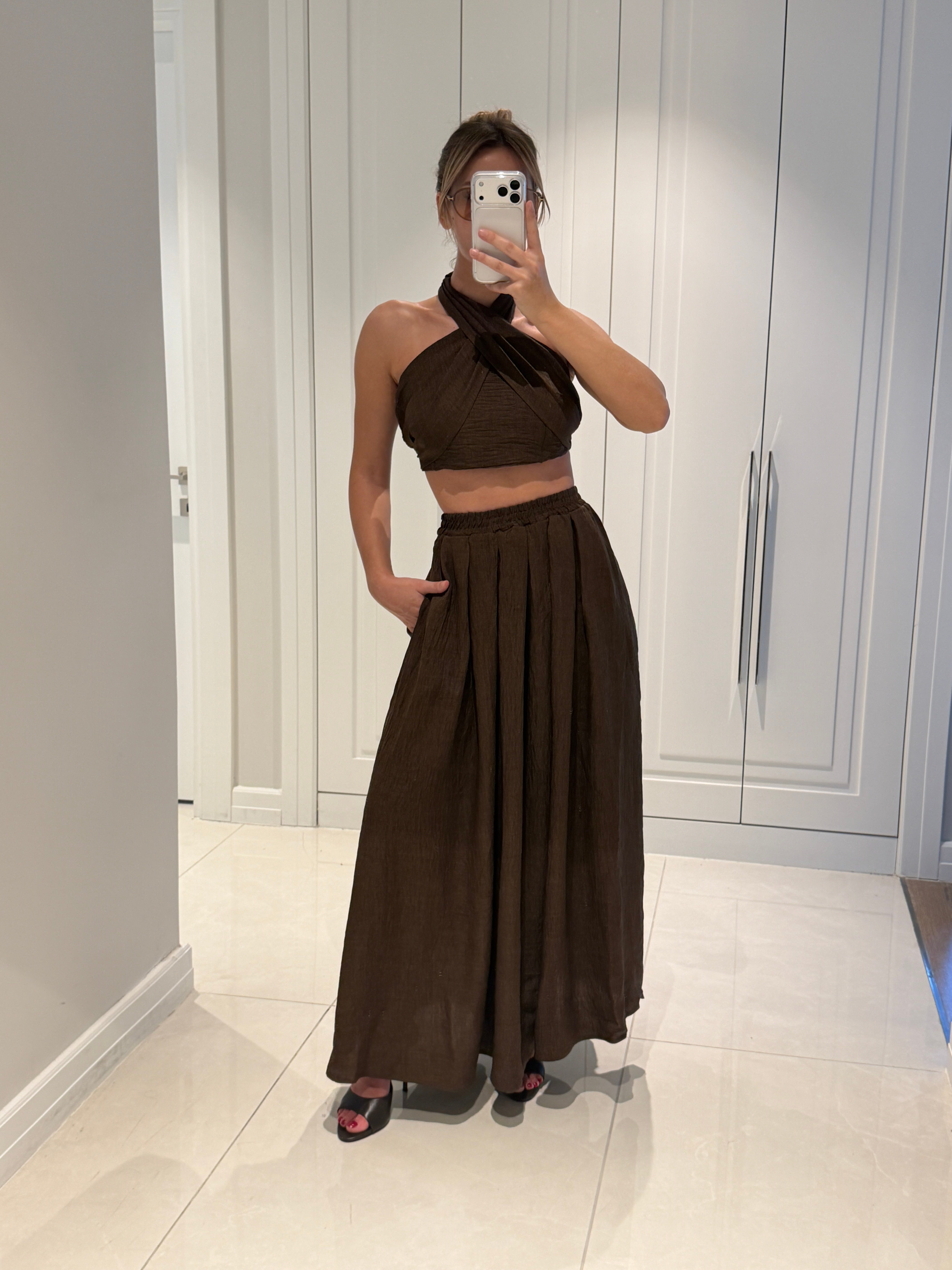 Kahlan Acı Kahve Etekli Crop Takım