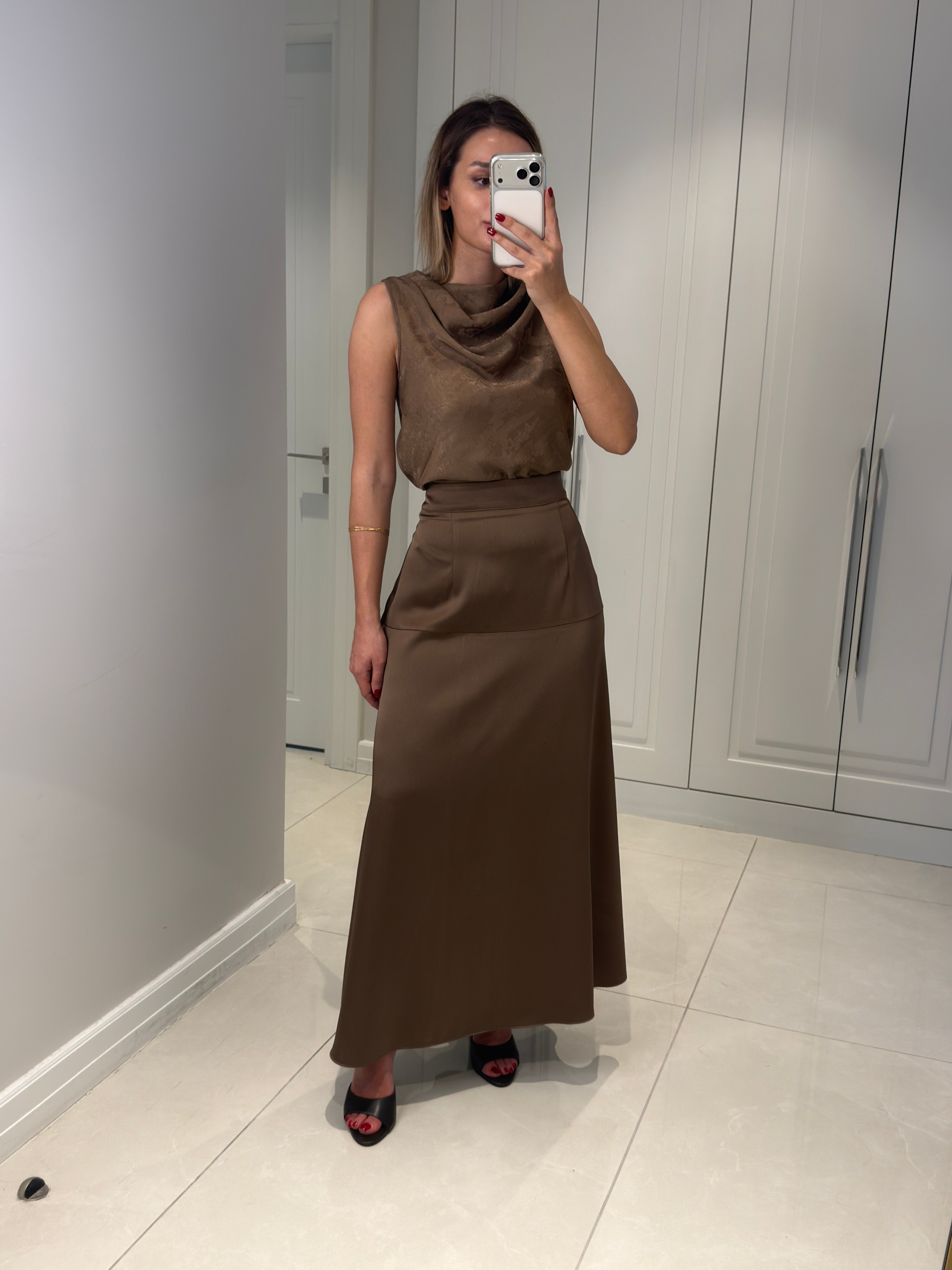 Kylea Kahve Yüksek Bel Saten Etek