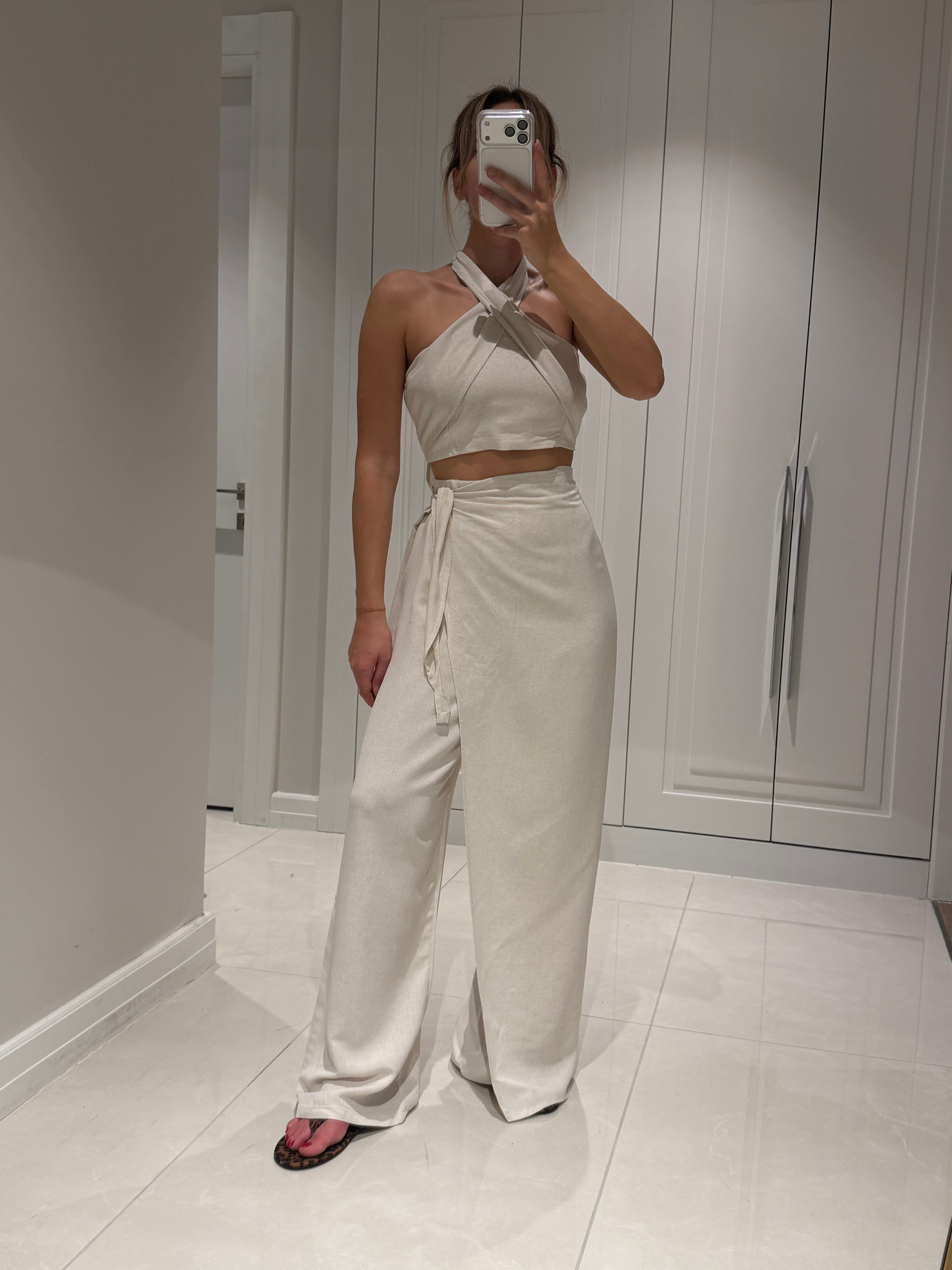 Lake Bej Crop Bağlamalı Kapaklı Pantolon Bluz Takım