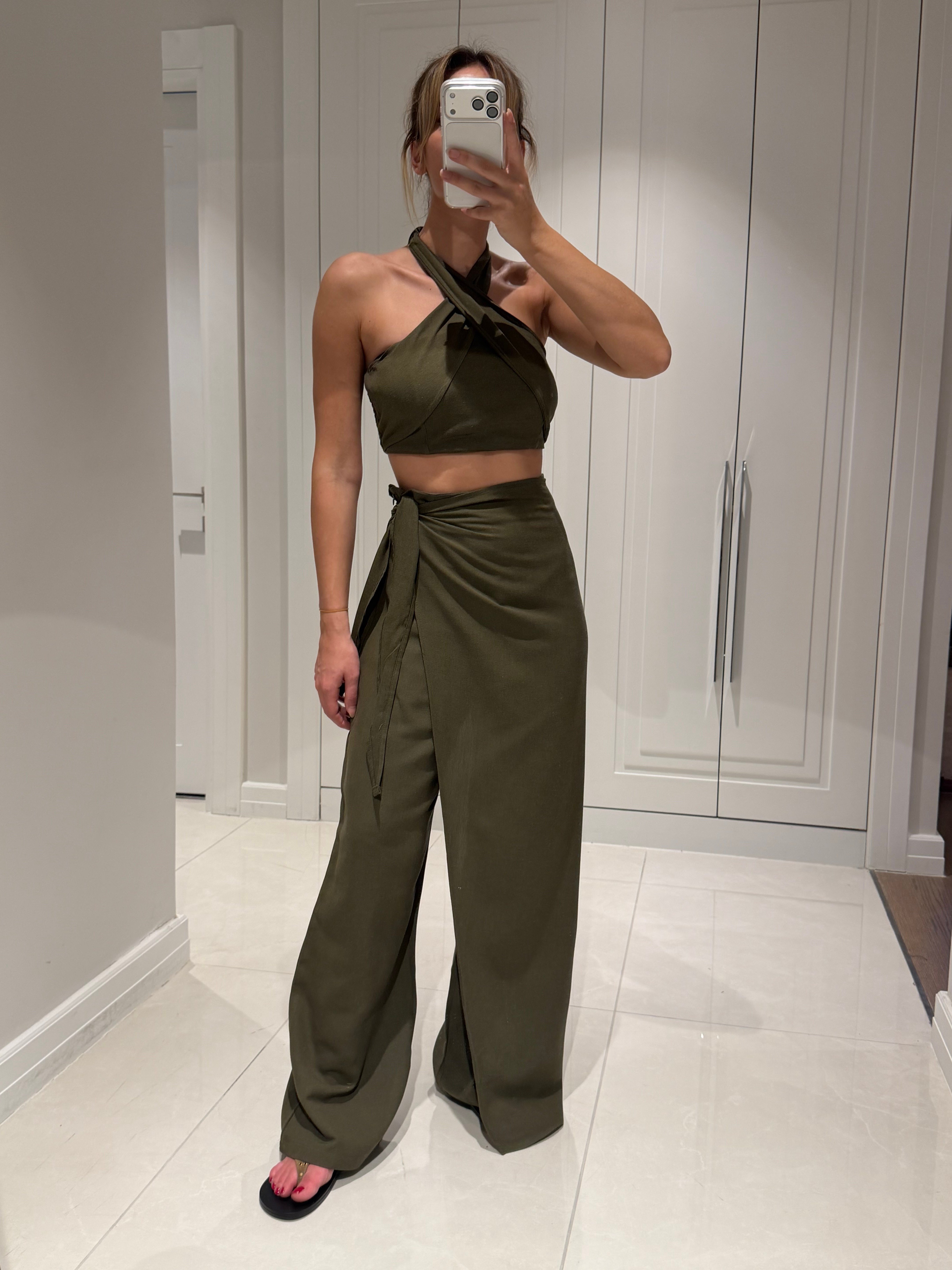 Lake Haki Crop Bağlamalı Kapaklı Pantolon Bluz Takım