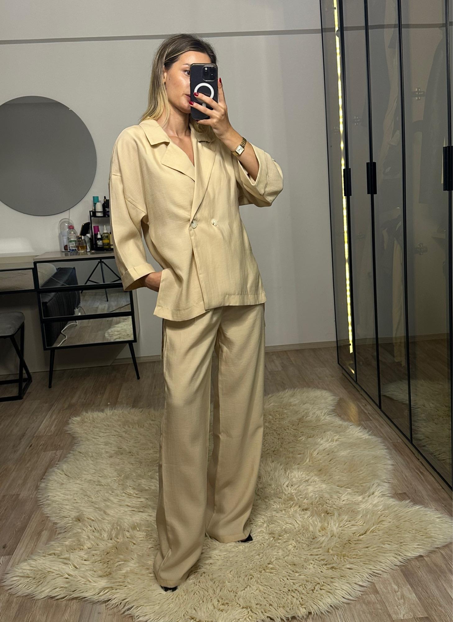 Lara Bej Keten Pantolon Blazer Takım