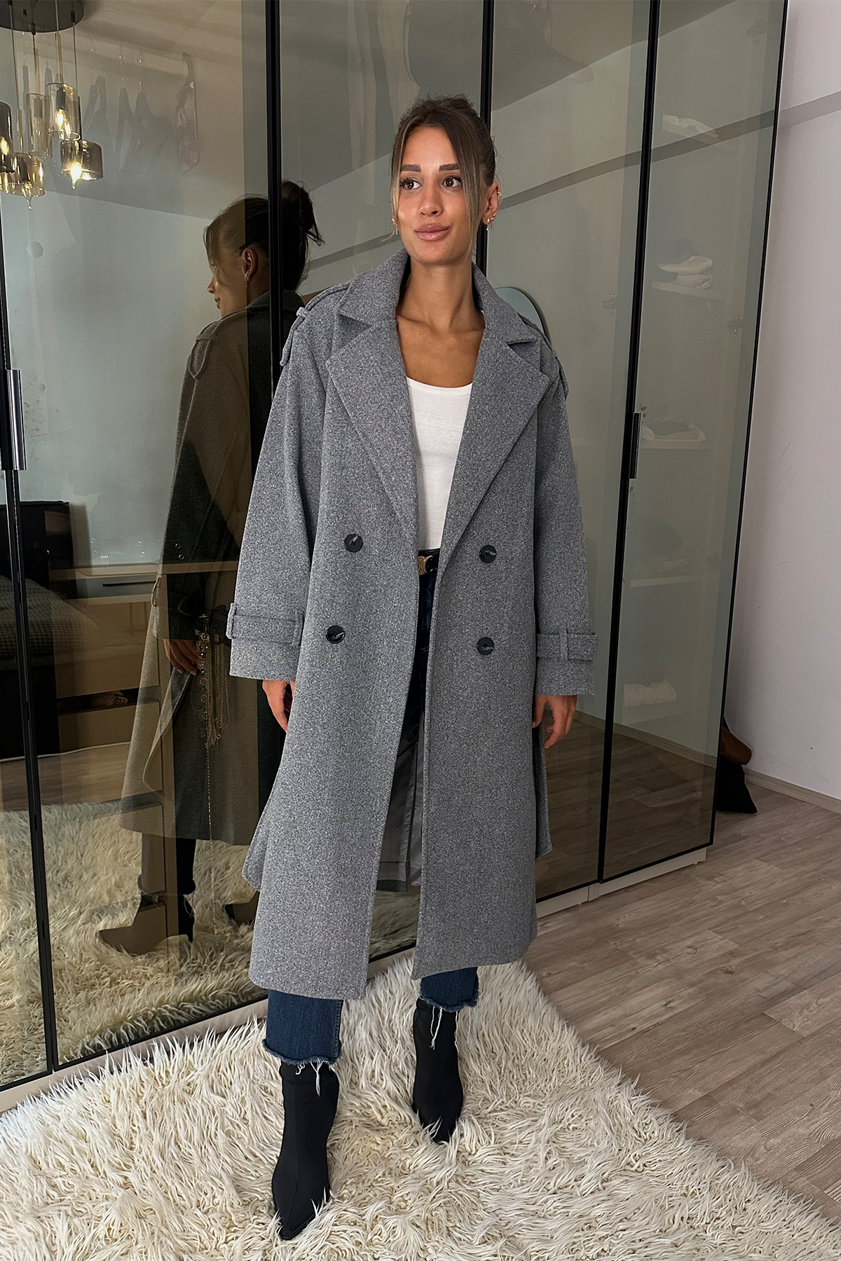 Laura Gri Kuşaklı Kaşe Kaban
