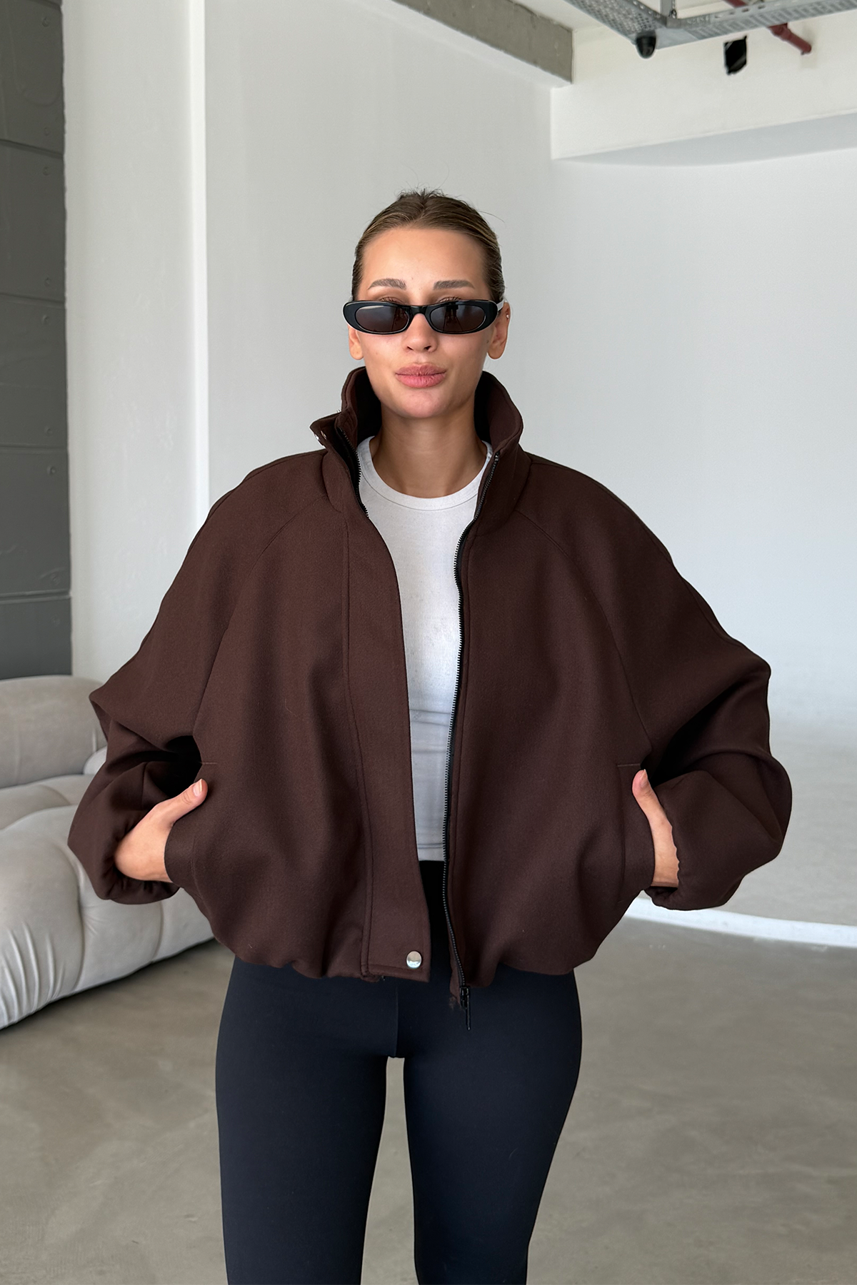 Lucie Acı Kahve Dik Yaka Oversize Kaşe Kaban