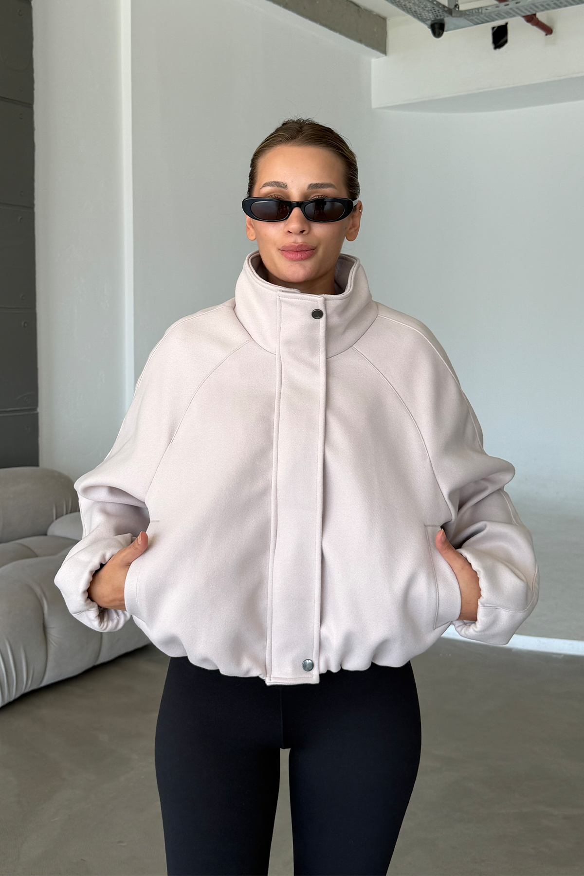 Lucie Ekru Dik Yaka Oversize Kaşe Kaban