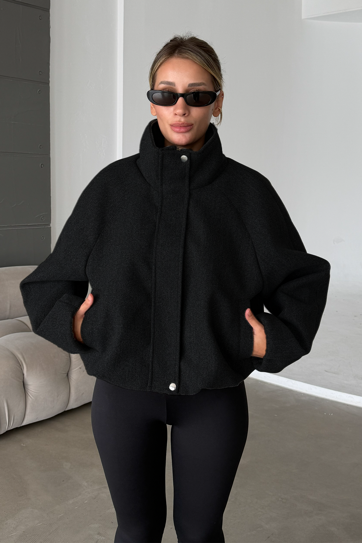 Lucie Siyah Dik Yaka Oversize Kaşe Kaban