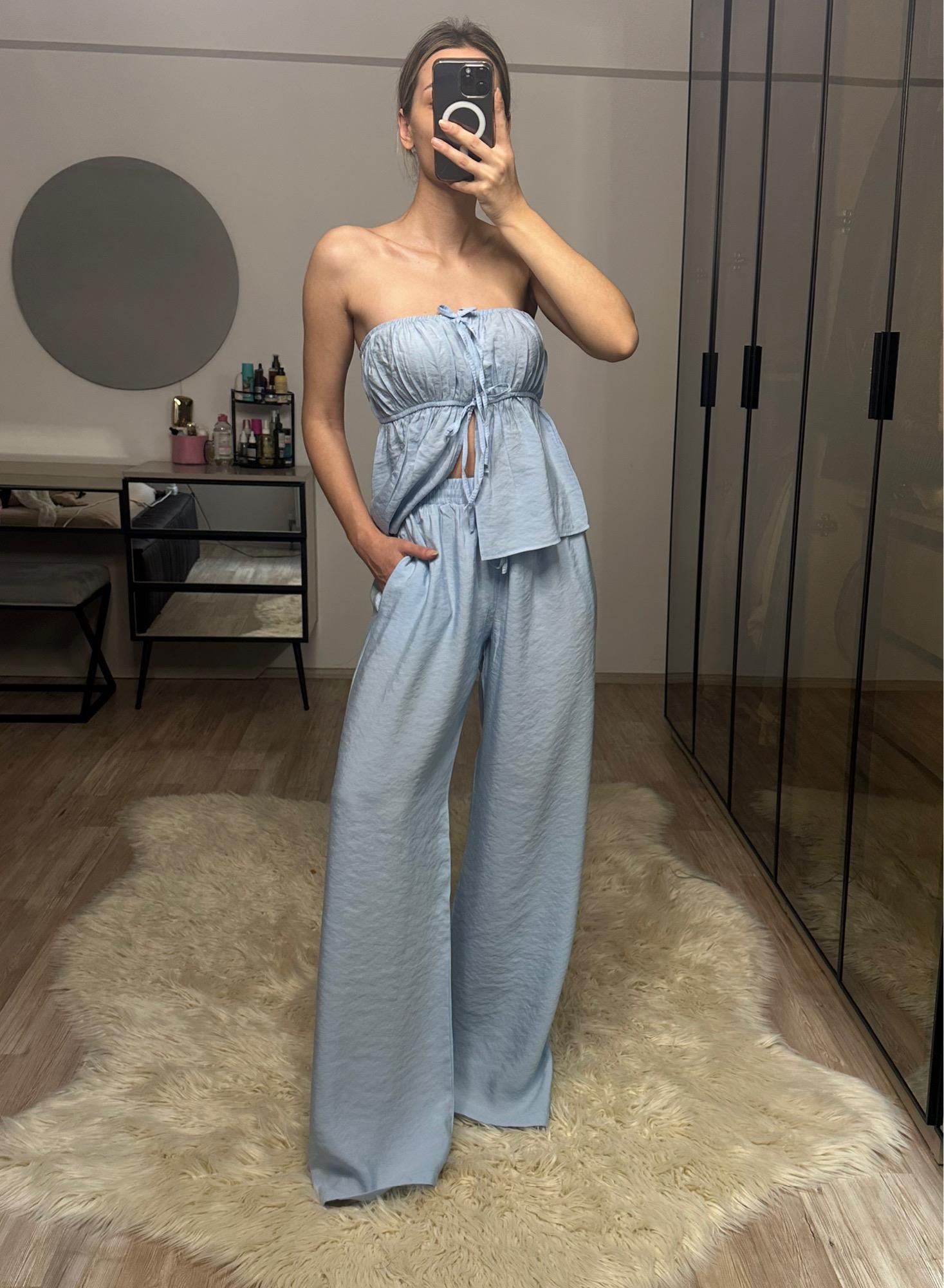 Luna Bebe Mavisi Straplez Büzgülü Bluz Pantolon Takım