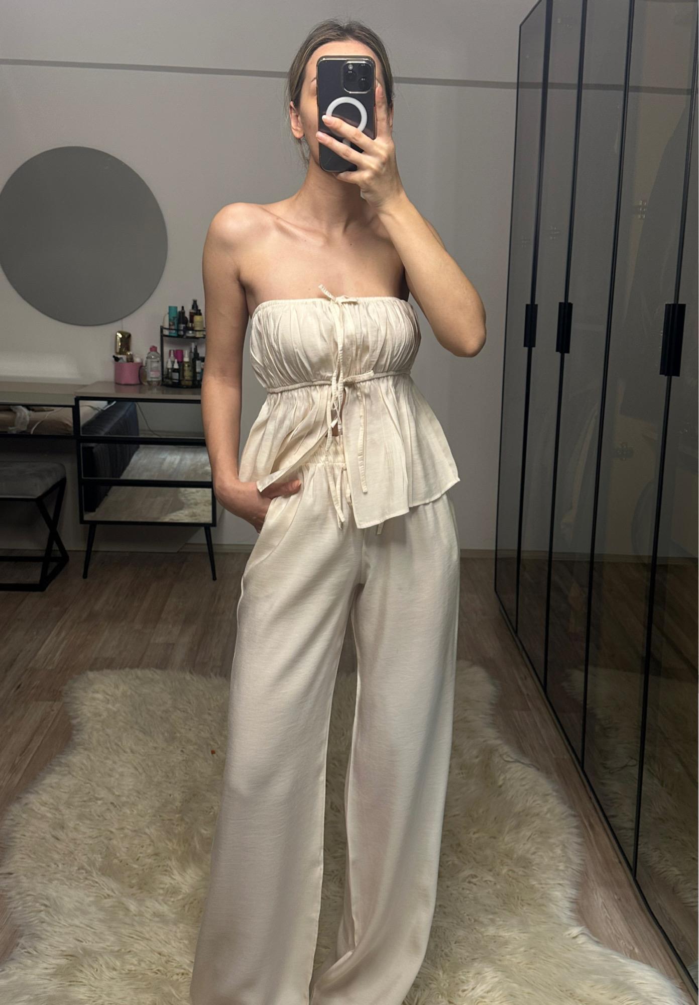 Luna Bej Straplez Büzgülü Bluz Pantolon Takım