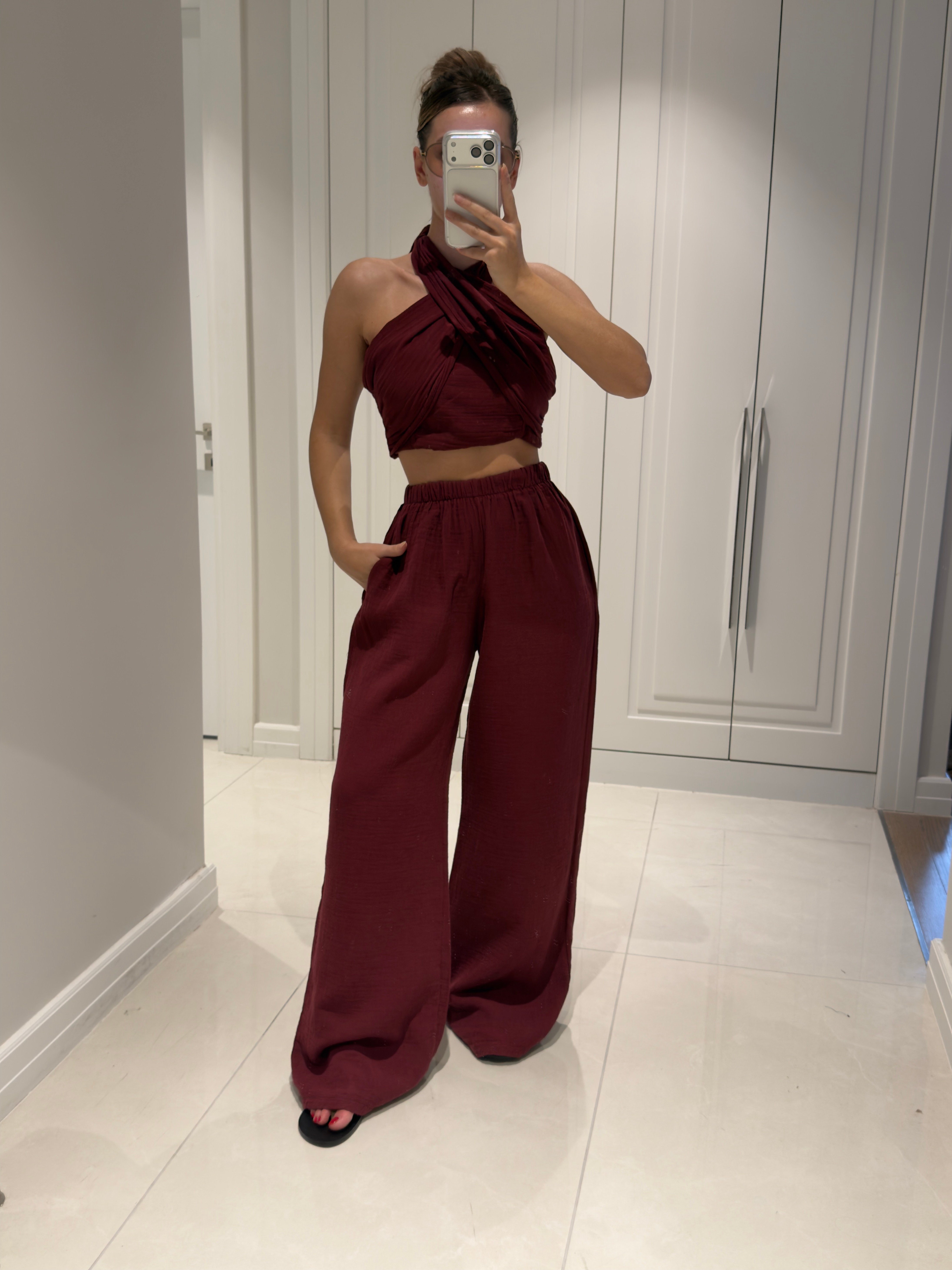 Mia Bordo Müslin Kumaş Boyundan Bağlamalı Pantolon Bluz Takım