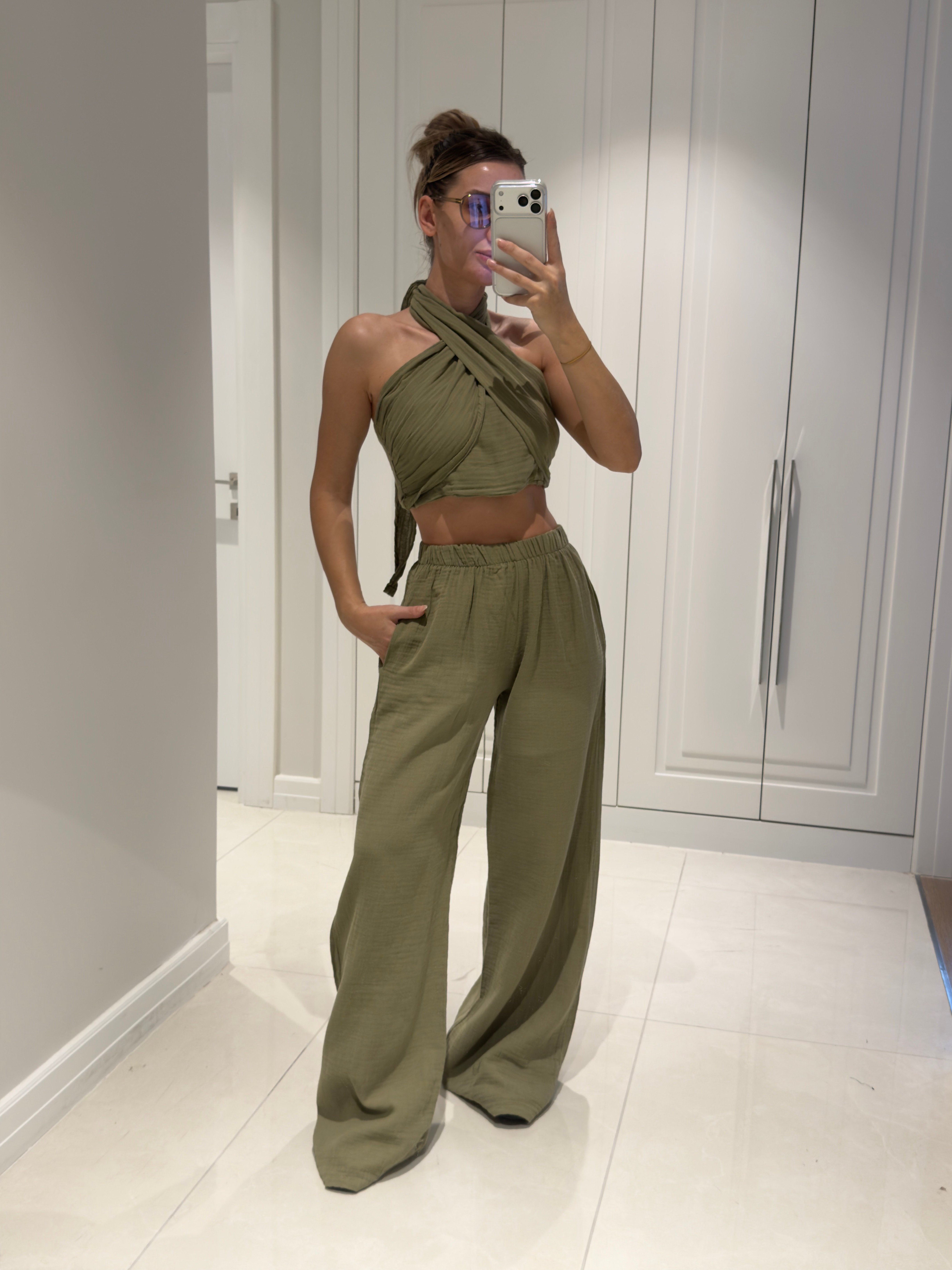 Mia Haki Müslin Kumaş Boyundan Bağlamalı Pantolon Bluz Takım