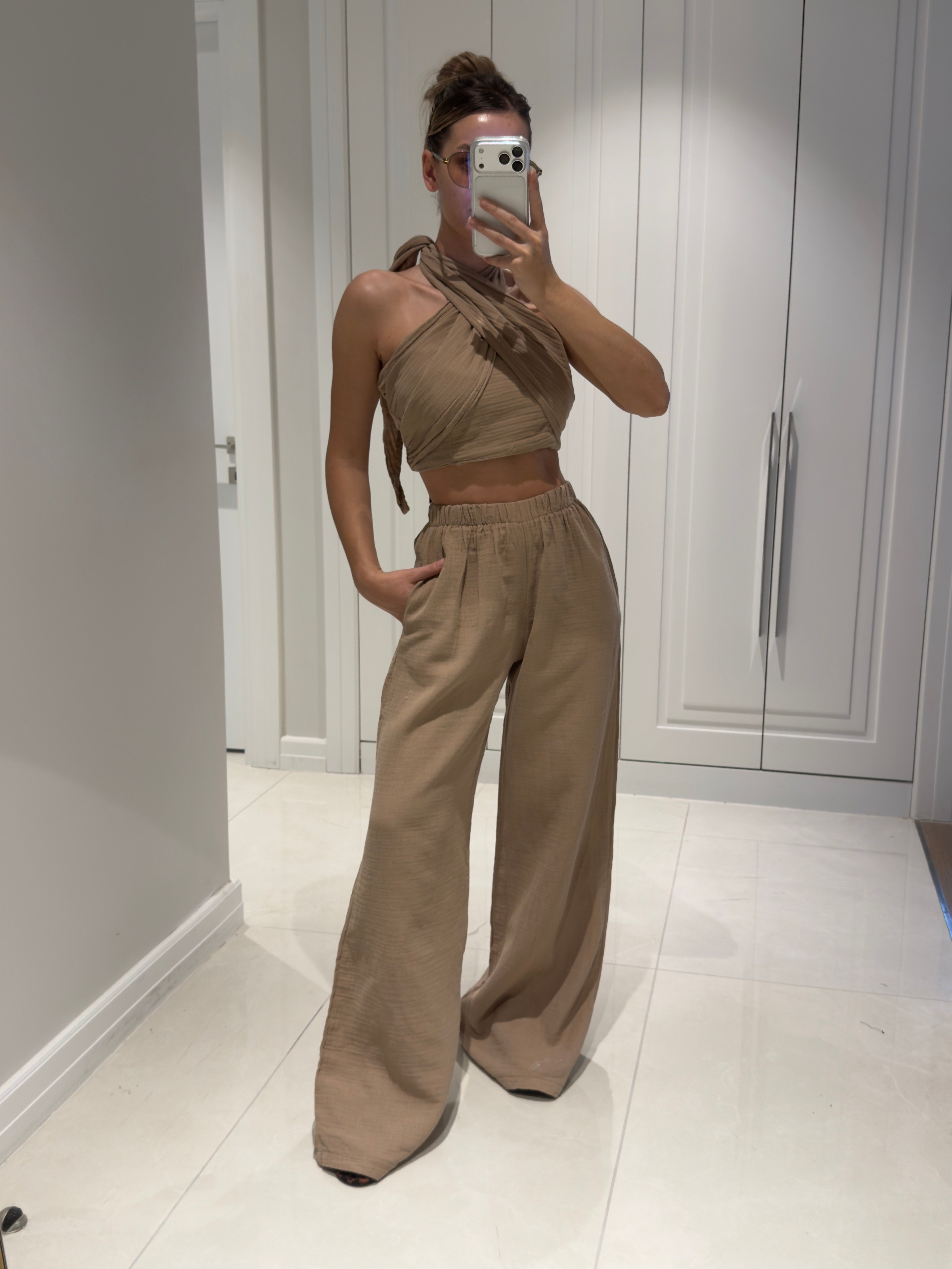 Mia Vizon Müslin Kumaş Boyundan Bağlamalı Pantolon Bluz Takım