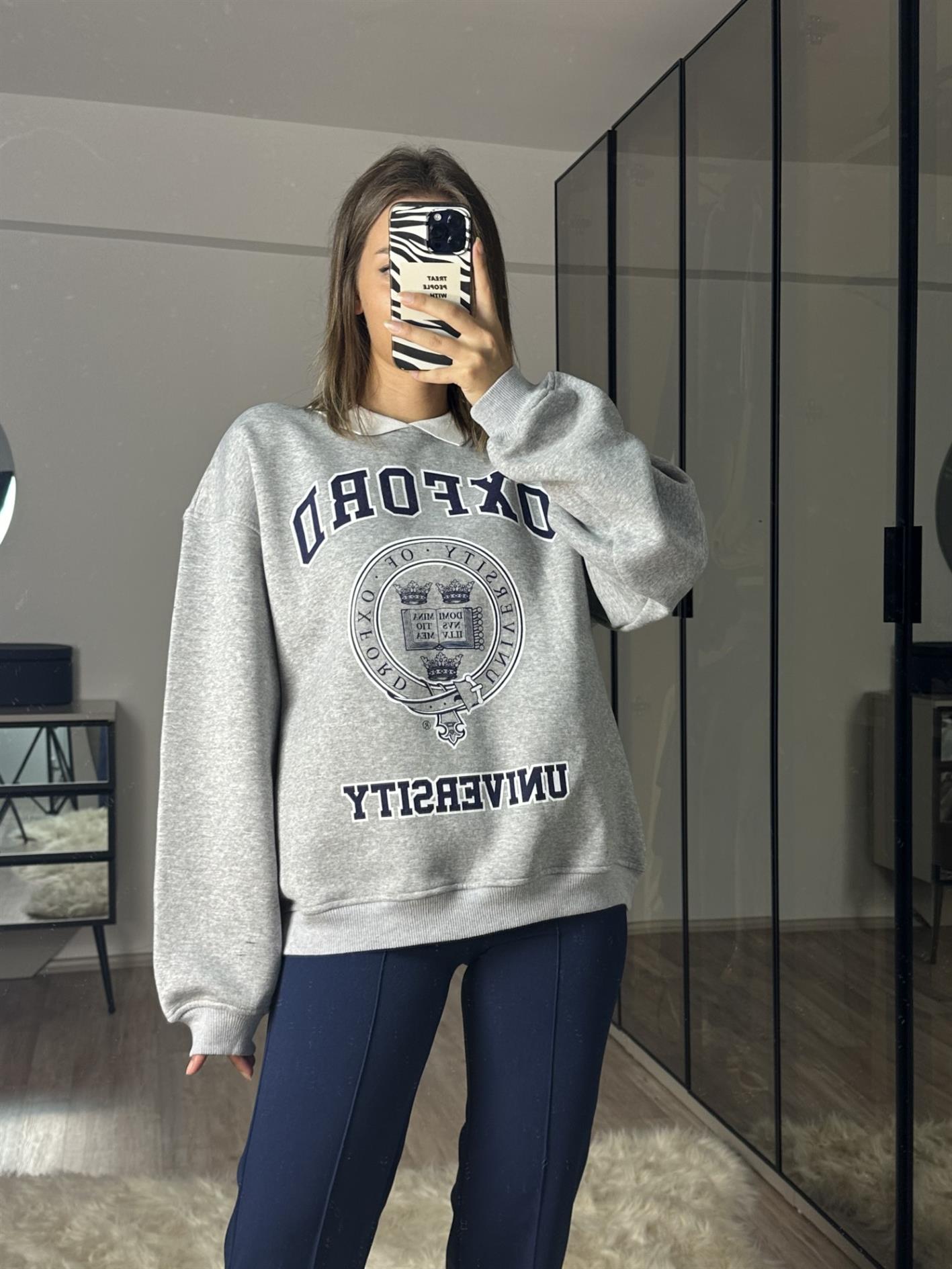Oxford Gömlek Yaka Oversize Gri Sweatshirt