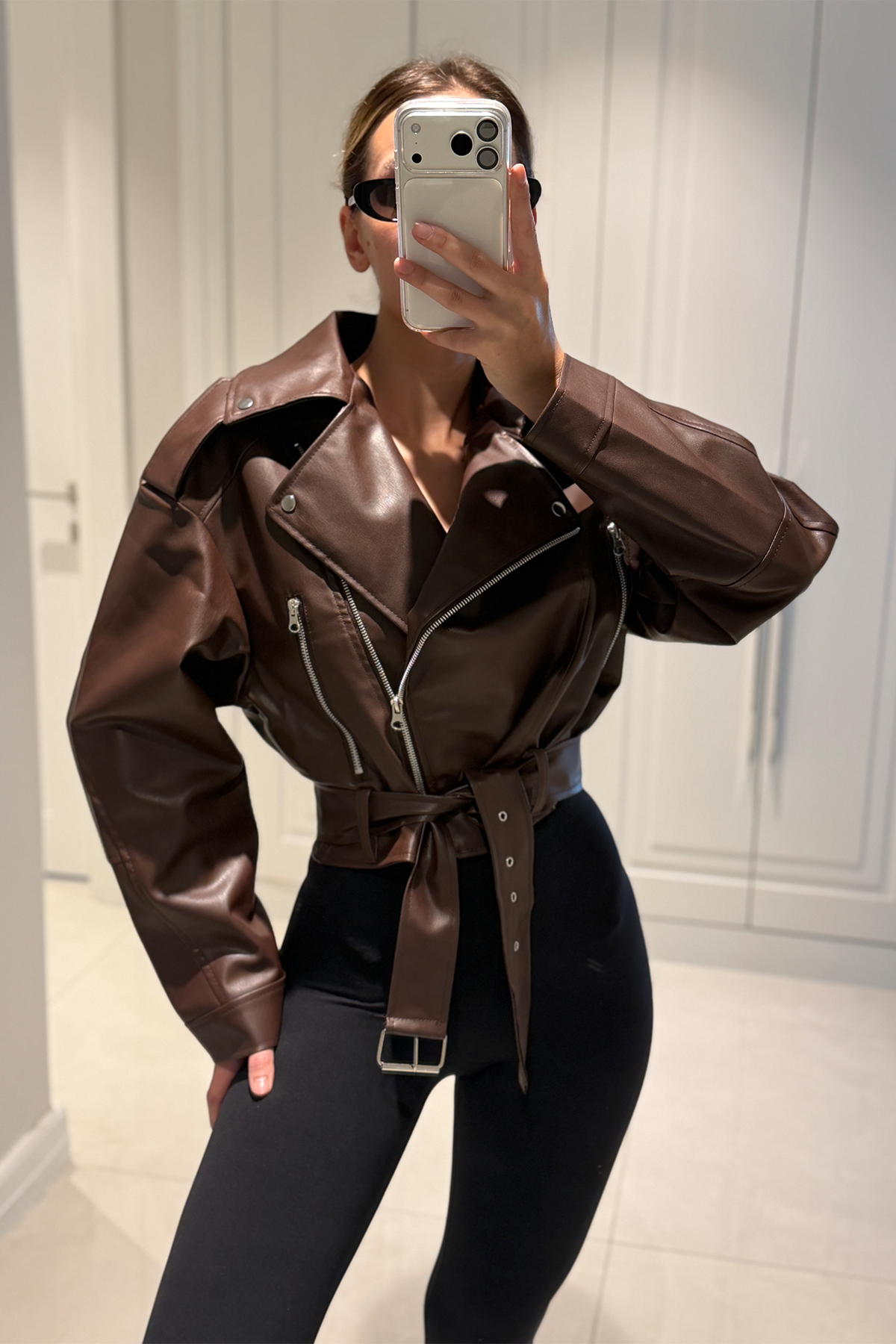 Patricia Acı Kahve Kemerli Biker Deri Ceket