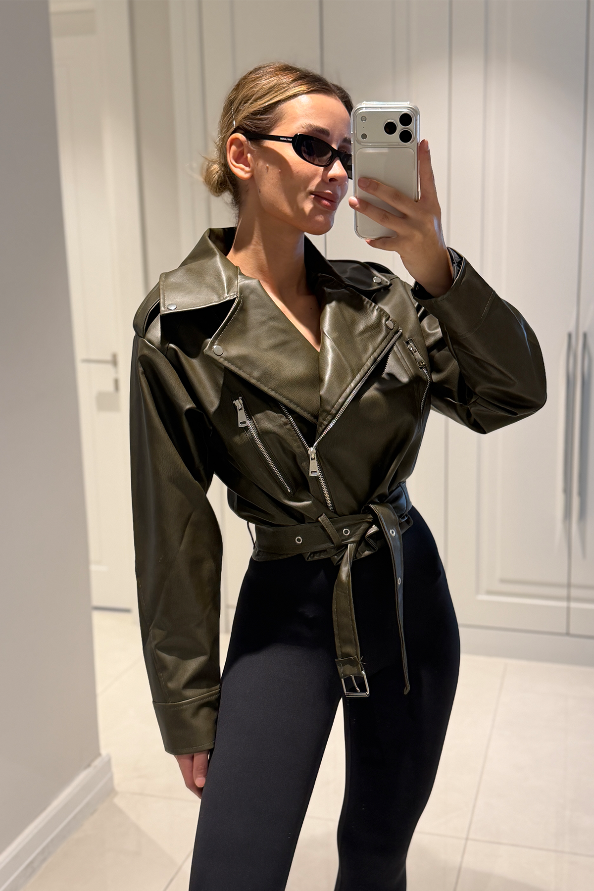 Patricia Haki Kemerli Biker Deri Ceket