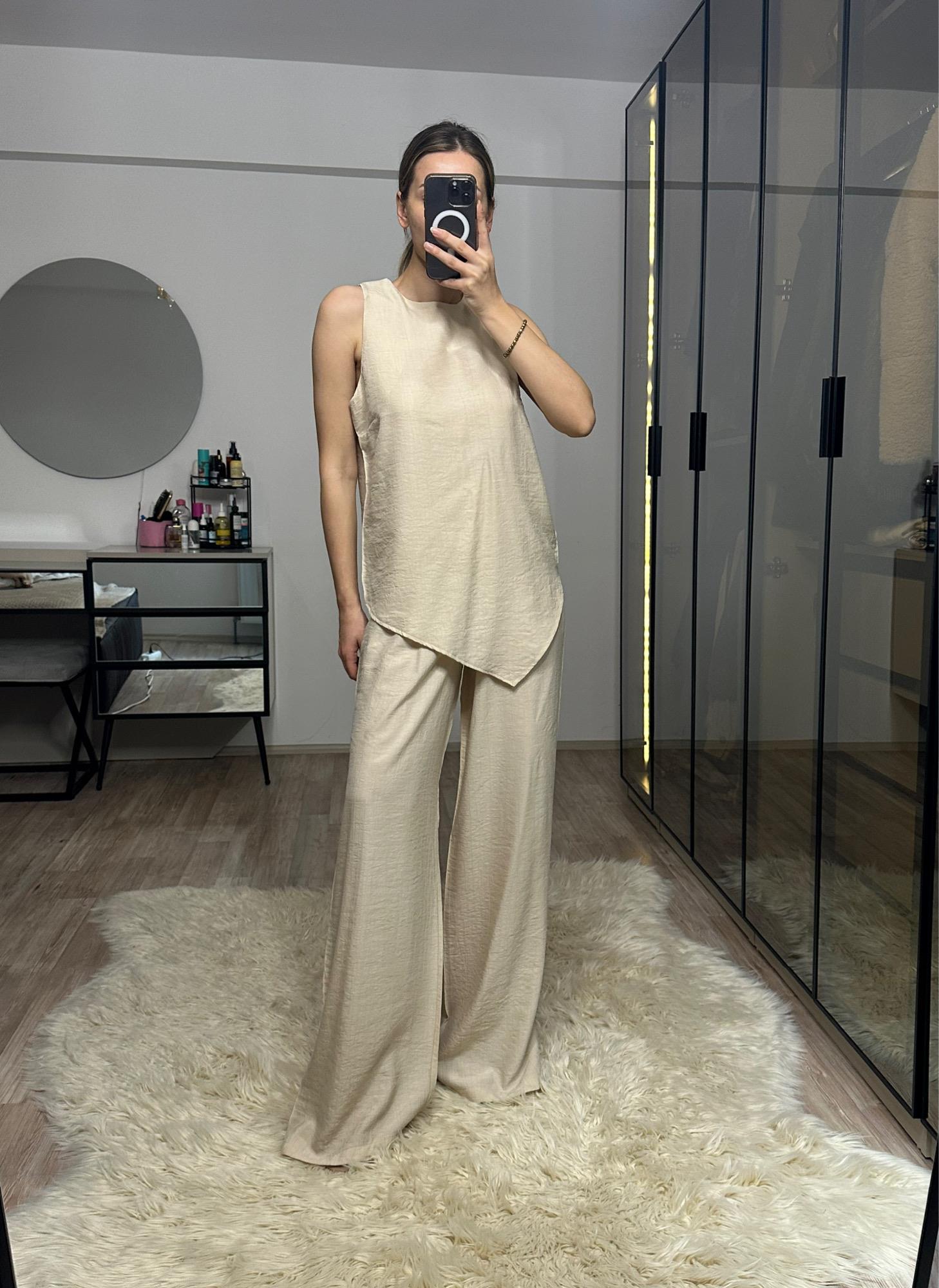Perla Bej Asimetrik Bluz Pantolon Takım