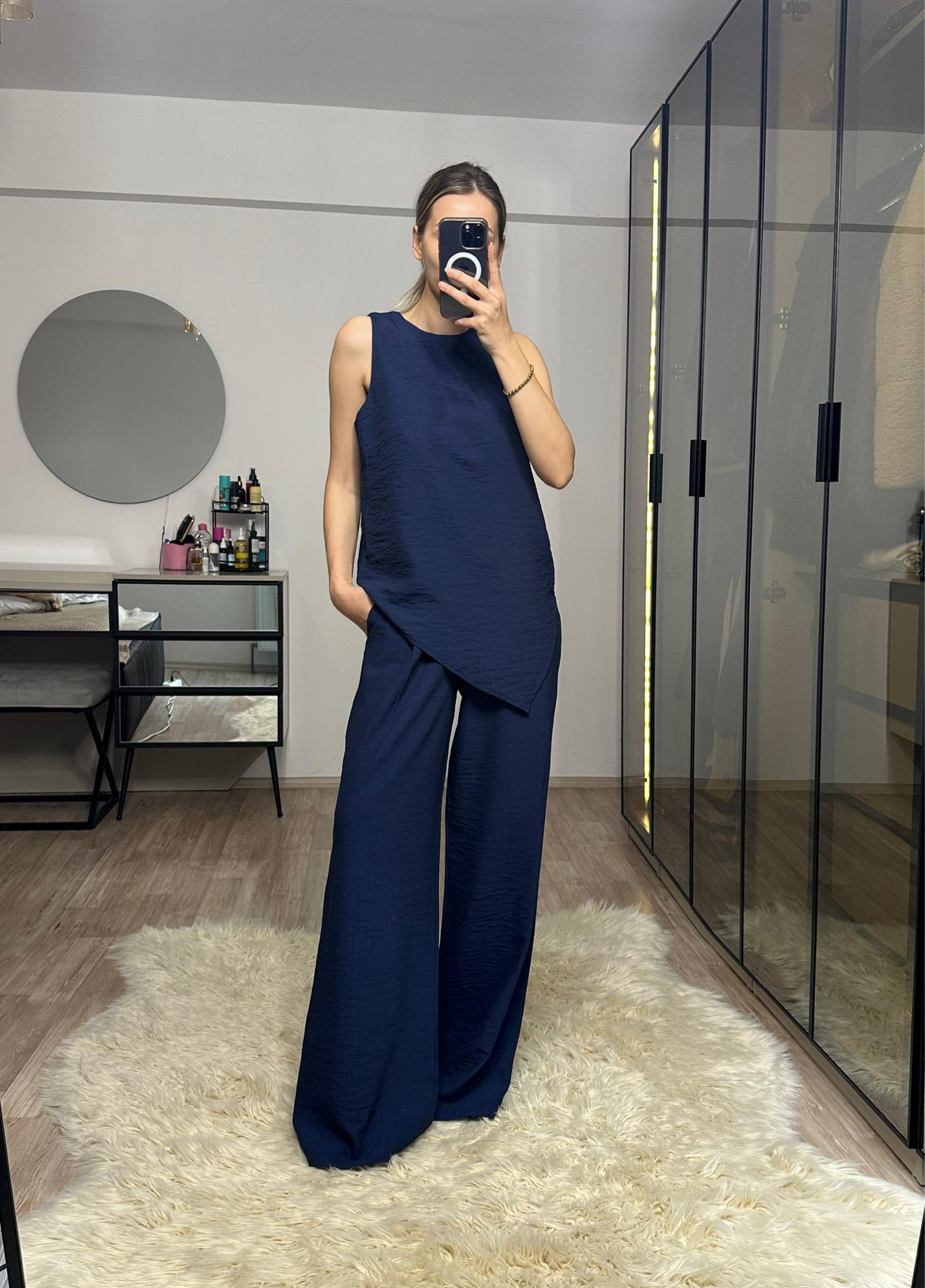 Perla Lacivert Asimetrik Bluz Pantolon Takım