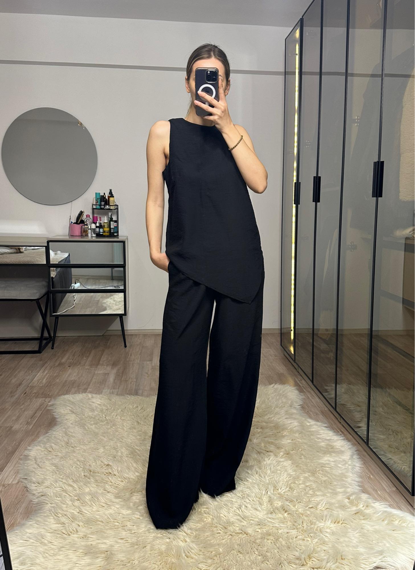 Perla Siyah Asimetrik Bluz Pantolon Takım