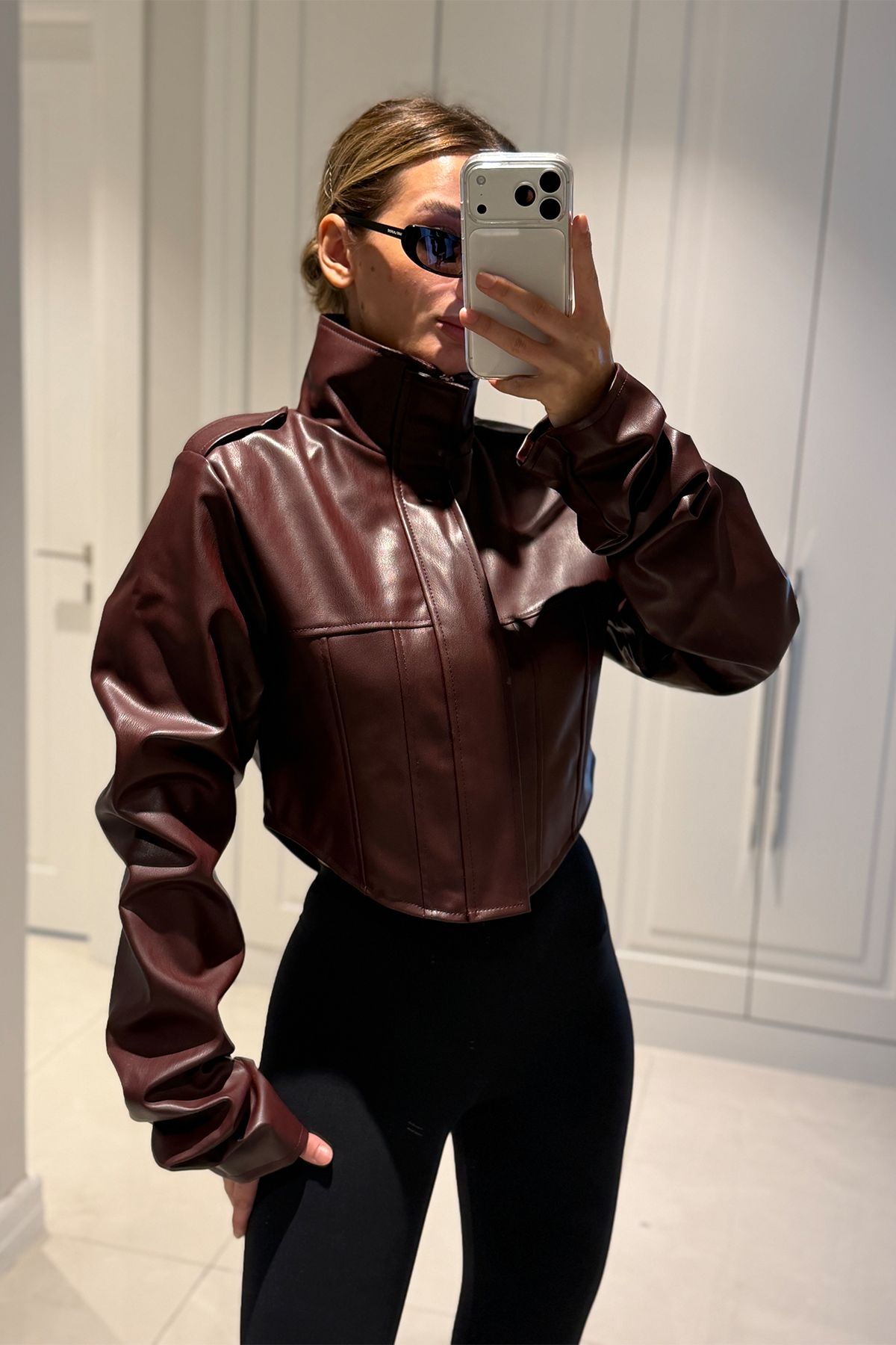 Rebecca Bordo Crop Deri Ceket