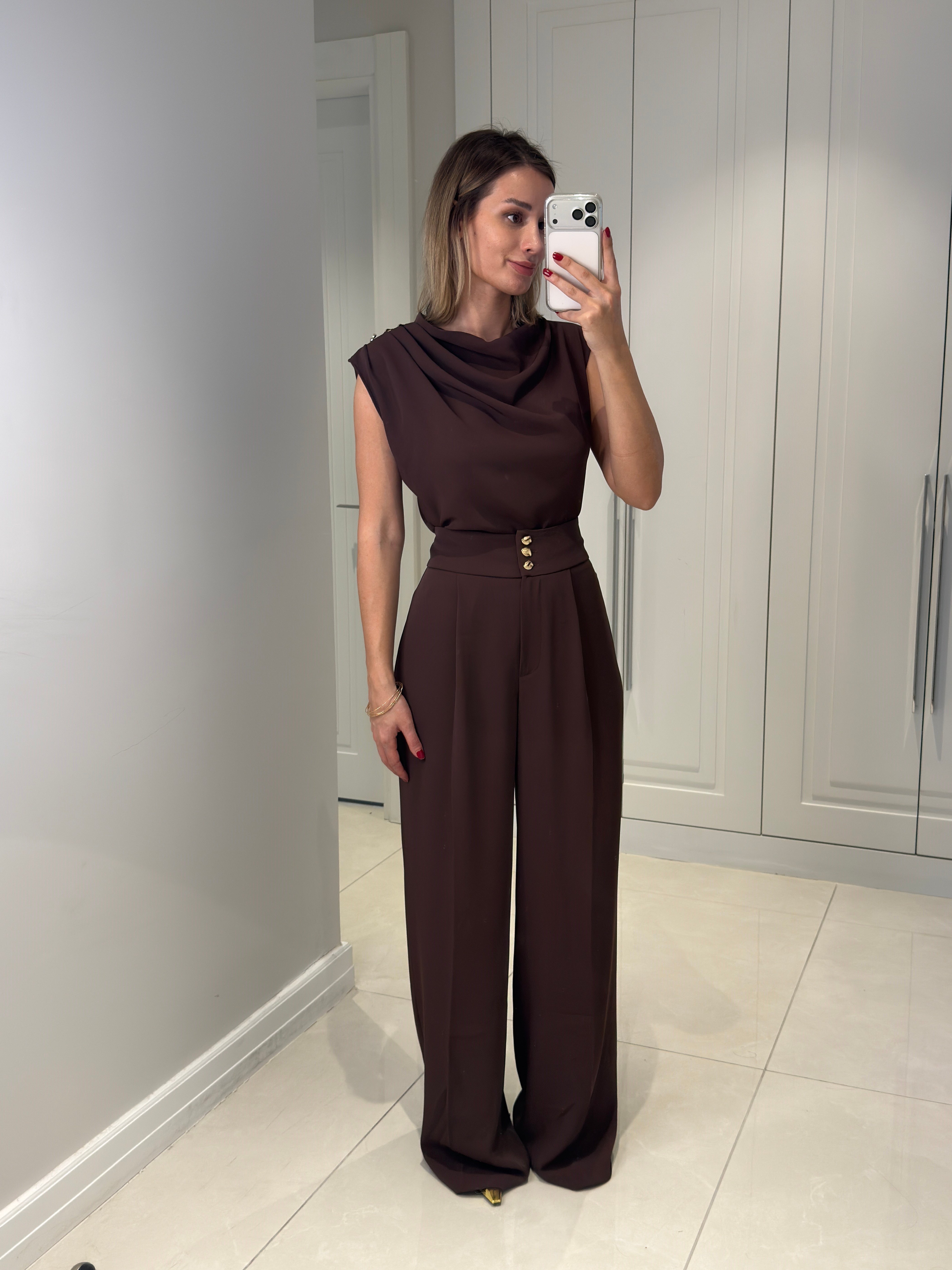 Talia AcıKahve Düğme Detaylı Pantolon Bluz Takım