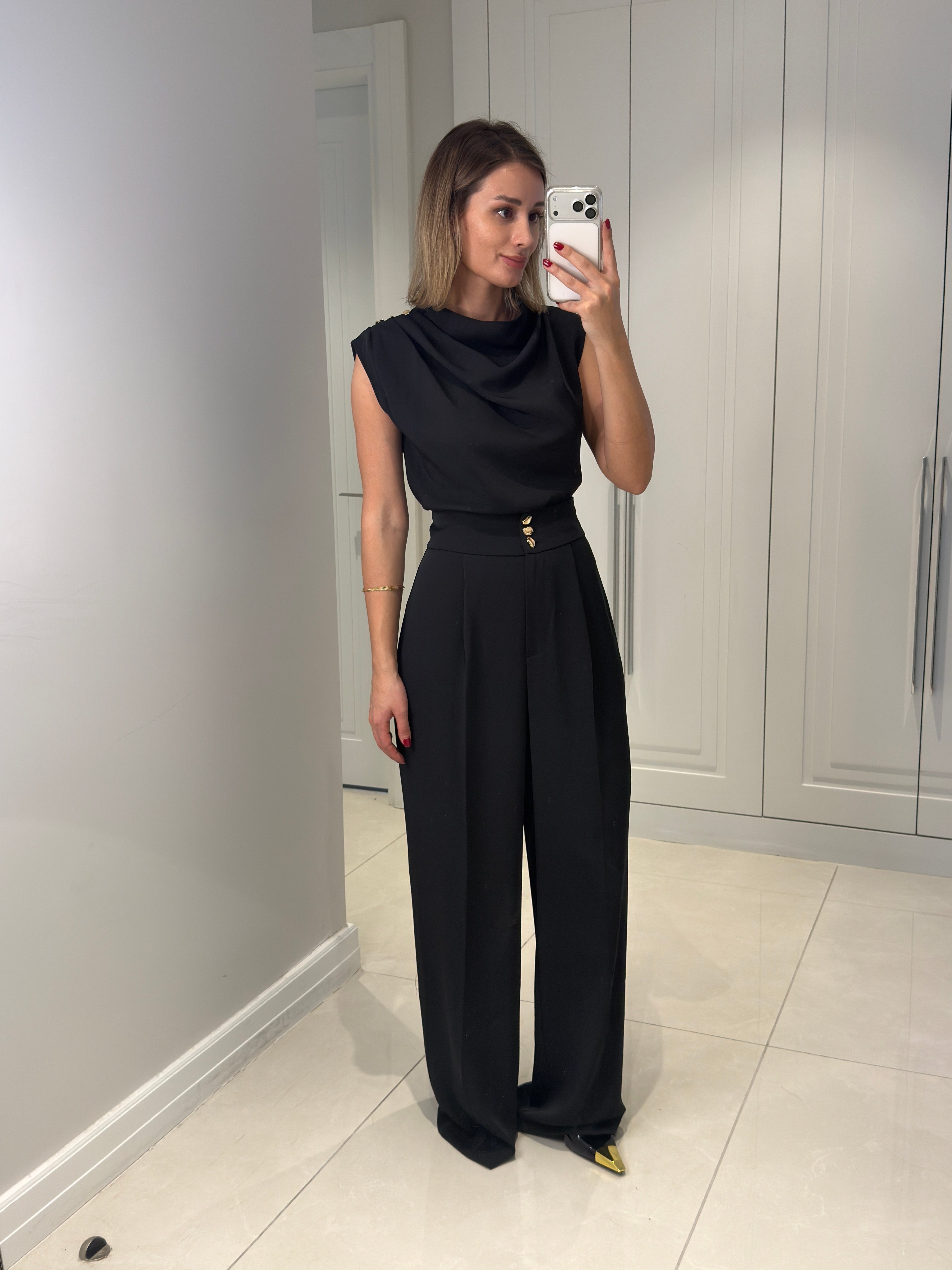 Talia Siyah Düğme Detaylı Pantolon Bluz Takım