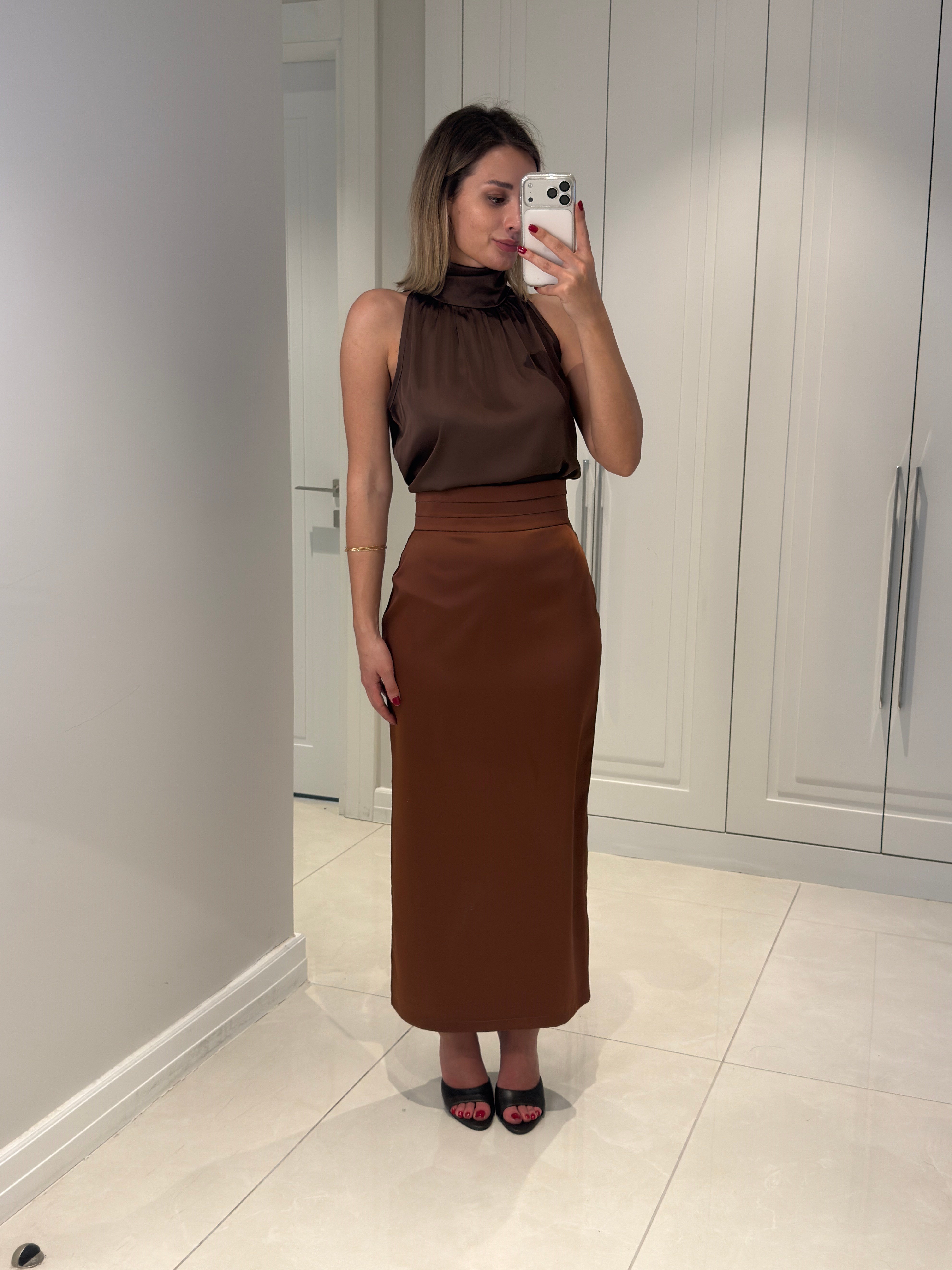Tilda Kahve Bel Pile Detaylı Saten Etek