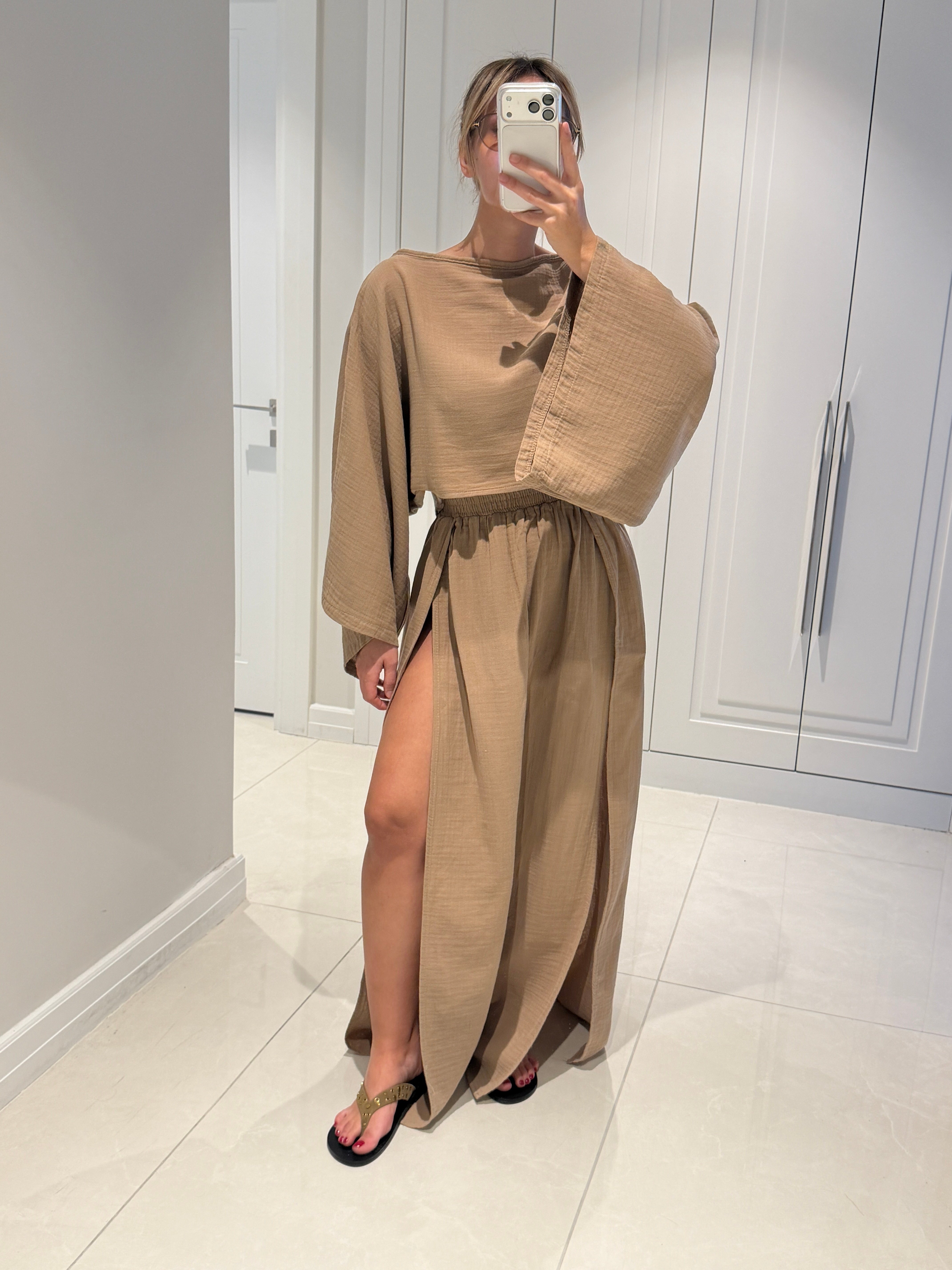 Violet Vizon Müslin Kumaş Çift Yırtmaçlı Etek Crop Takım