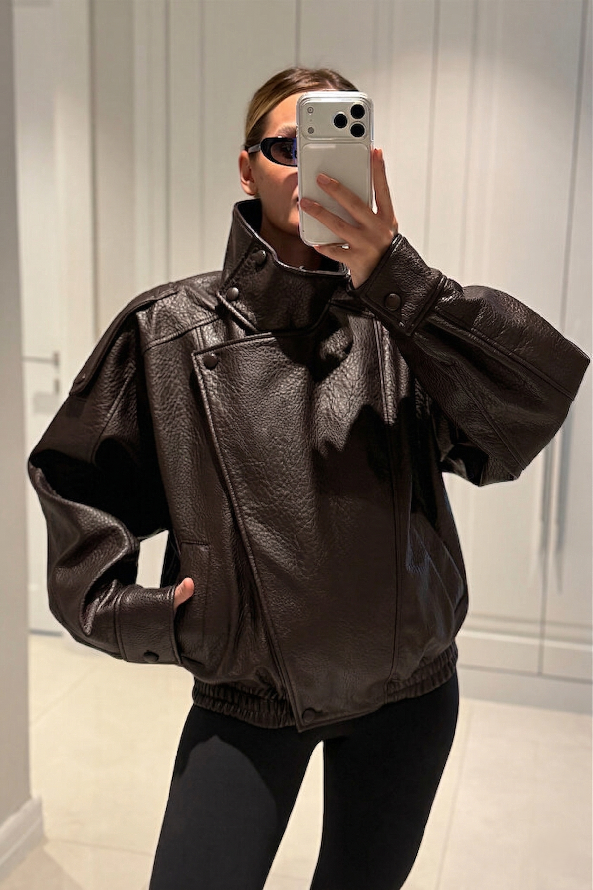 YSL Viral Oversize Dik Yaka Acı Kahve Deri Ceket