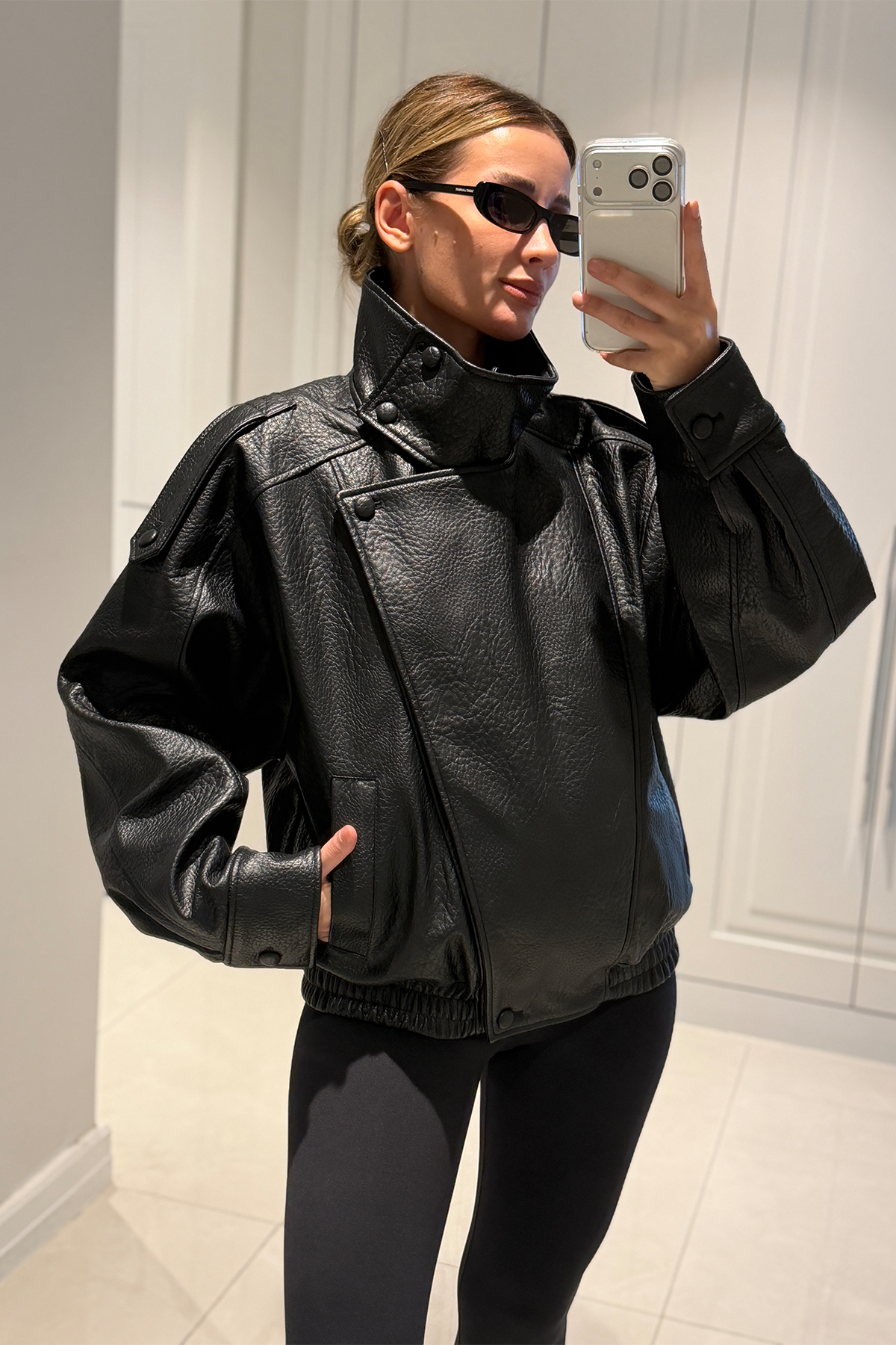 YSL Viral Oversize Dik Yaka Siyah Deri Ceket