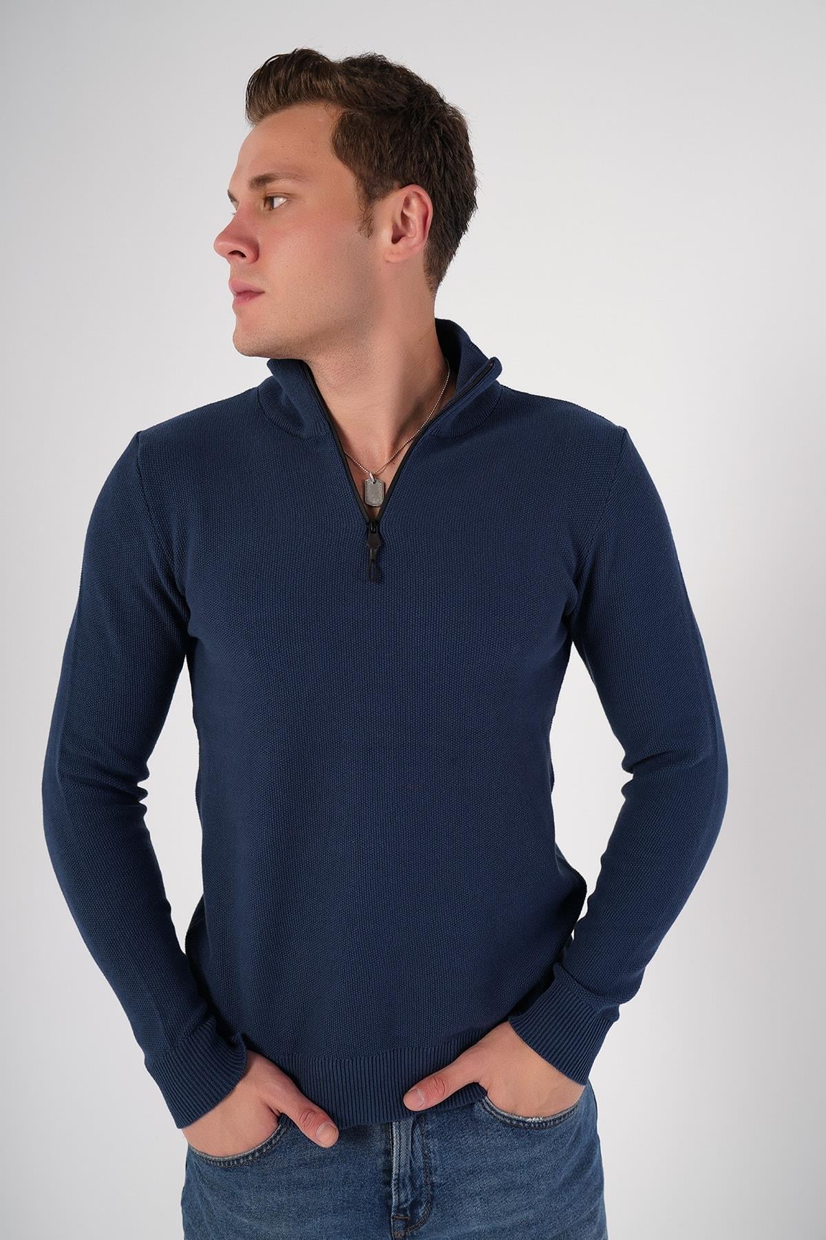 Indigo Erkek Pamuklu Fermuarlı Dik Yaka Triko Kazak Trıst-1191