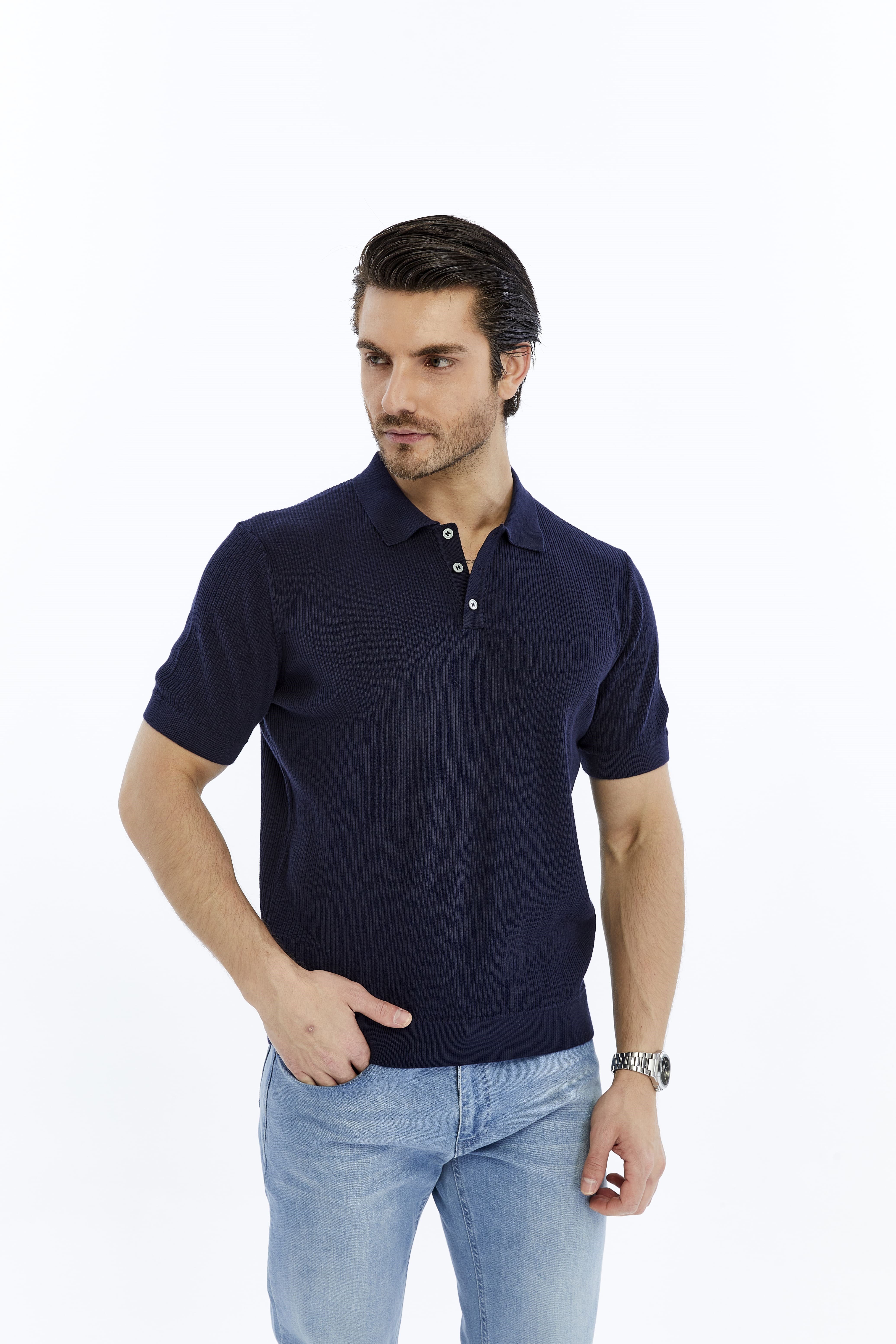Lacivert Erkek %100 Pamuk Polo Yaka Kısa Kollu Fitilli Örgü Triko T-shirt TRIST-7108