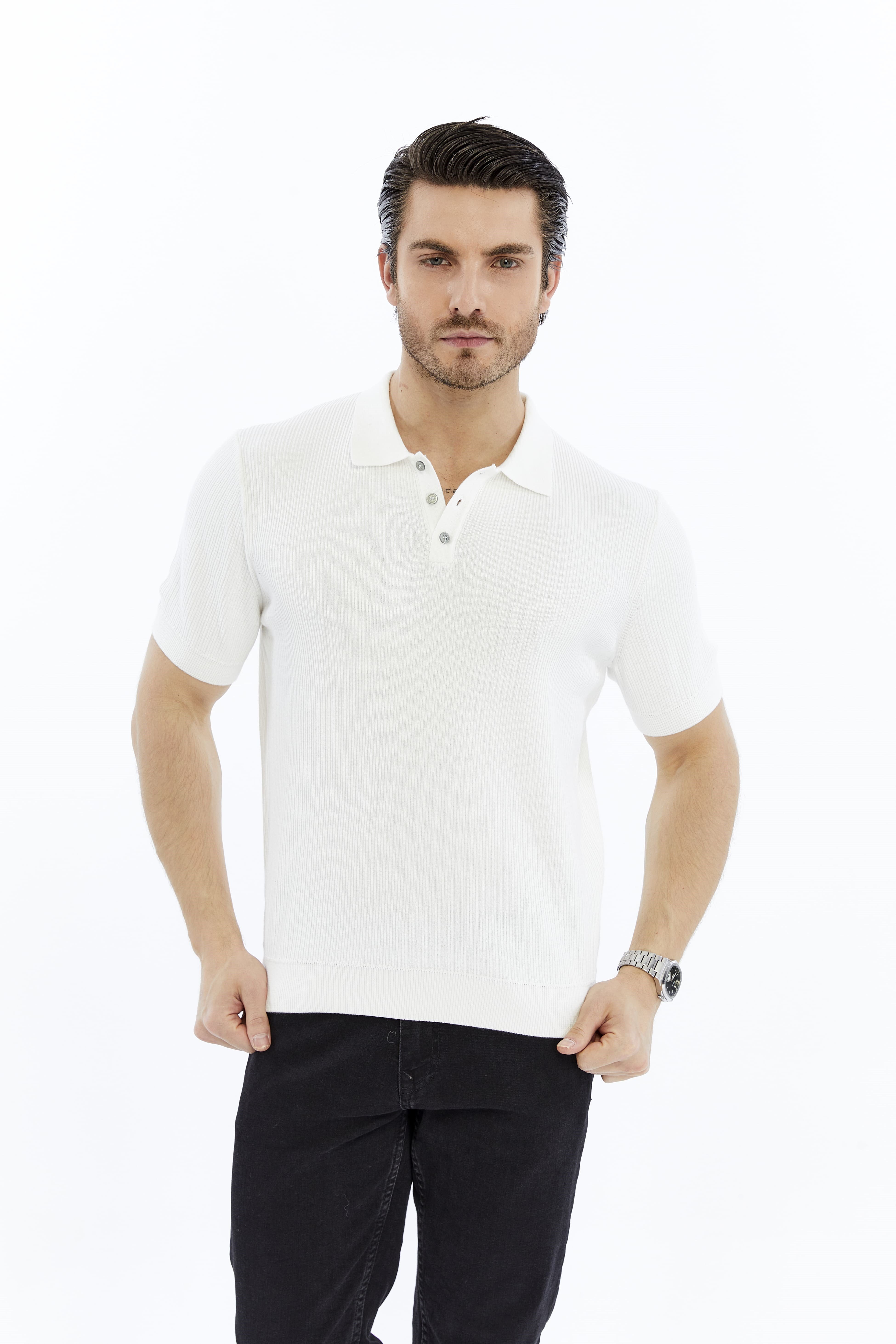 Beyaz Erkek %100 Pamuk Polo Yaka Kısa Kollu Fitilli Örgü Triko T-shirt TRIST-7108