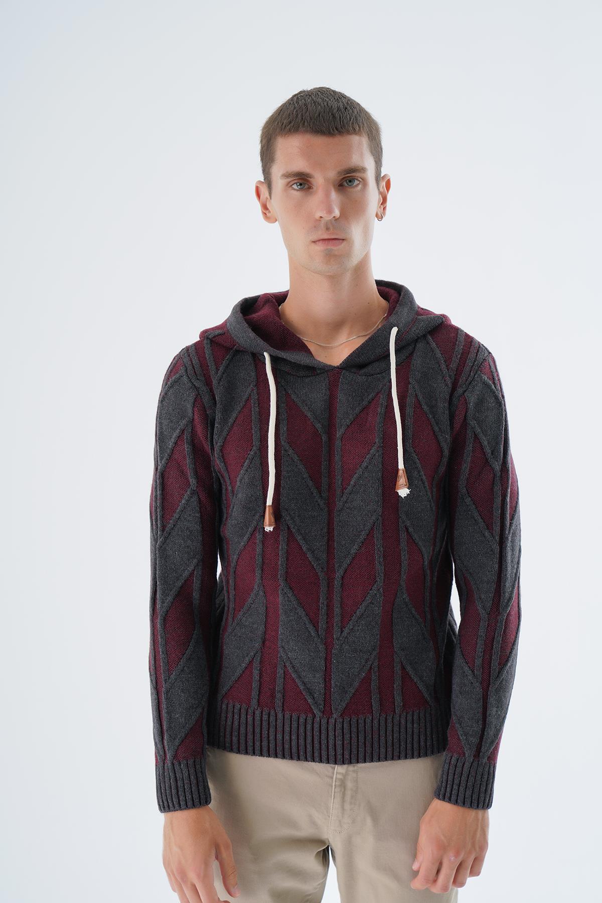Erkek Antrasit Kapüşonlu Çift Renkli Vanezalı Yün Triko Örme Kazak TRIST-5333