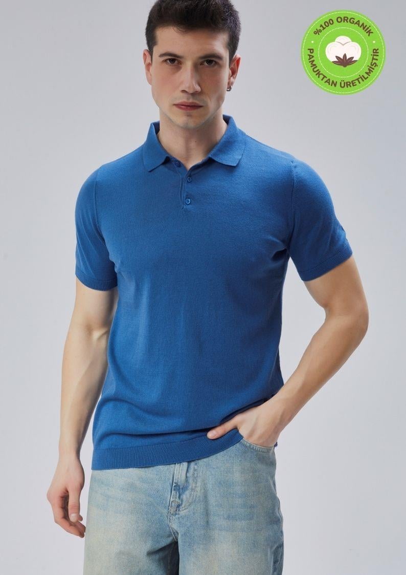 Erkek Indigo %100 Pamuk Polo Yaka Kısa Kollu Triko Kazak TRIST-7107