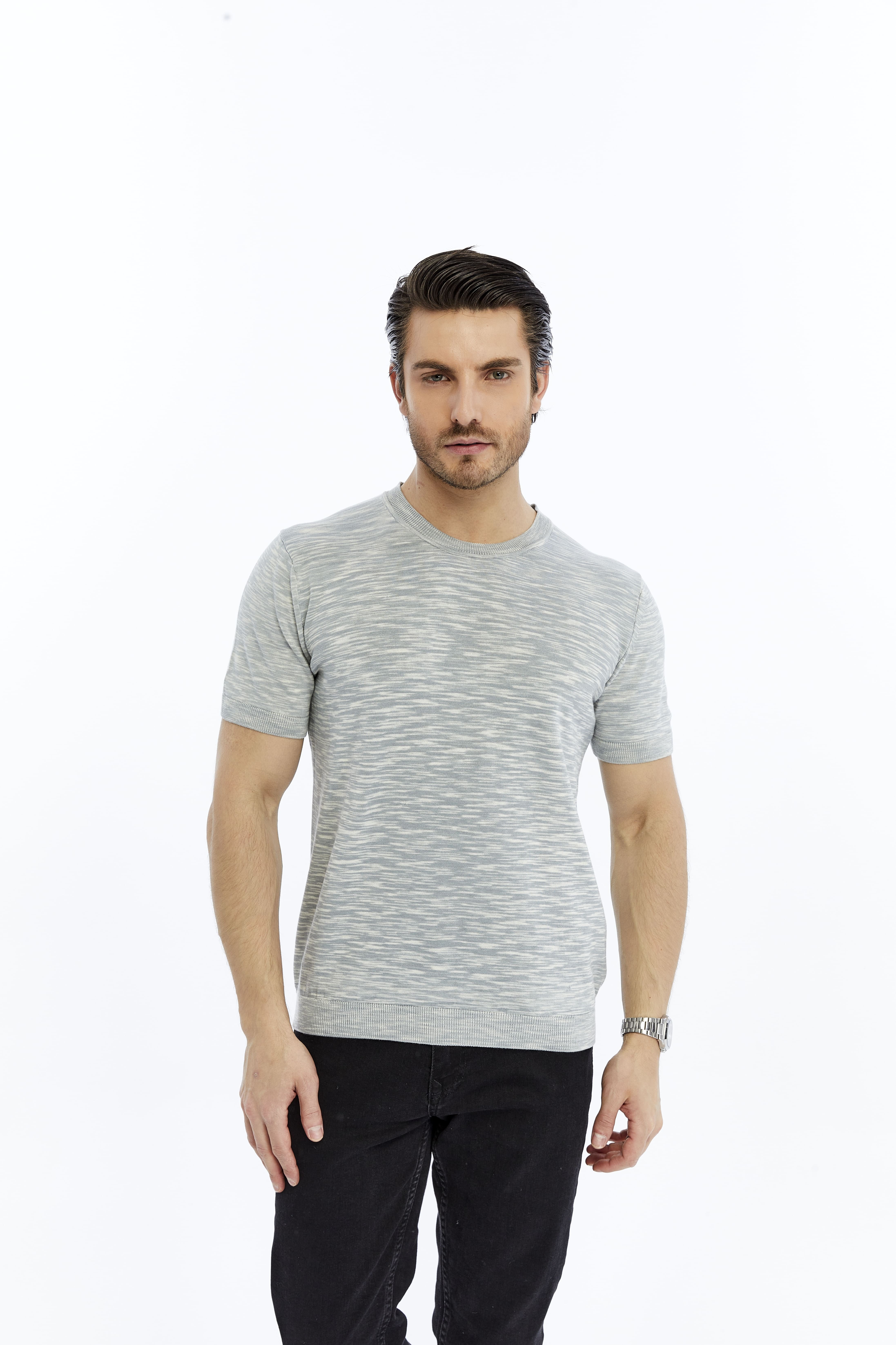 Gri Erkek %100 Pamuk Bisiklet Yaka Kısa Kollu Kırçıllı Örgü Triko T-shirt TRIST-7109