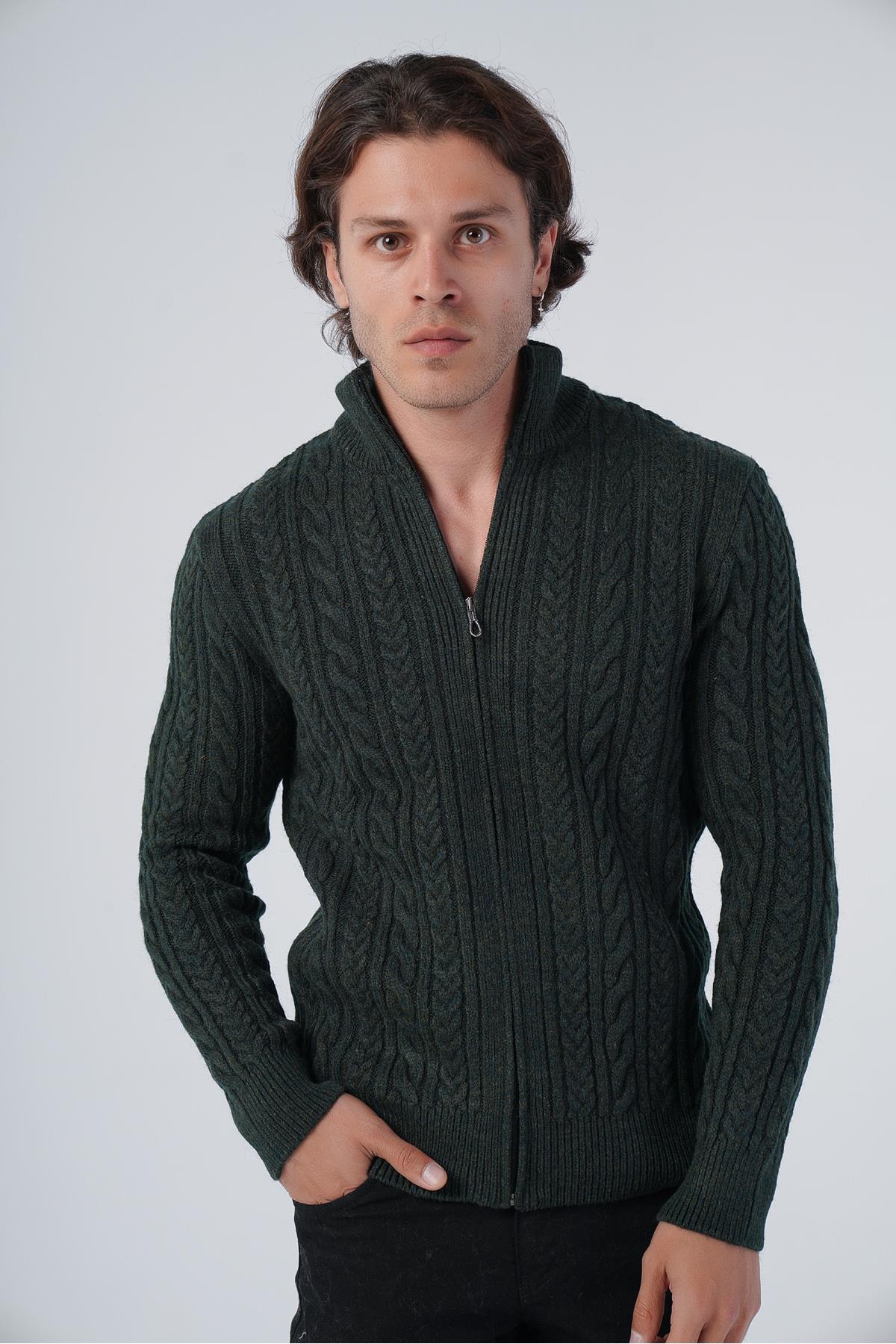 Haki Erkek Saç Örgülü Yürütme Fermuarlı Dik Yaka Triko Yün Hırka