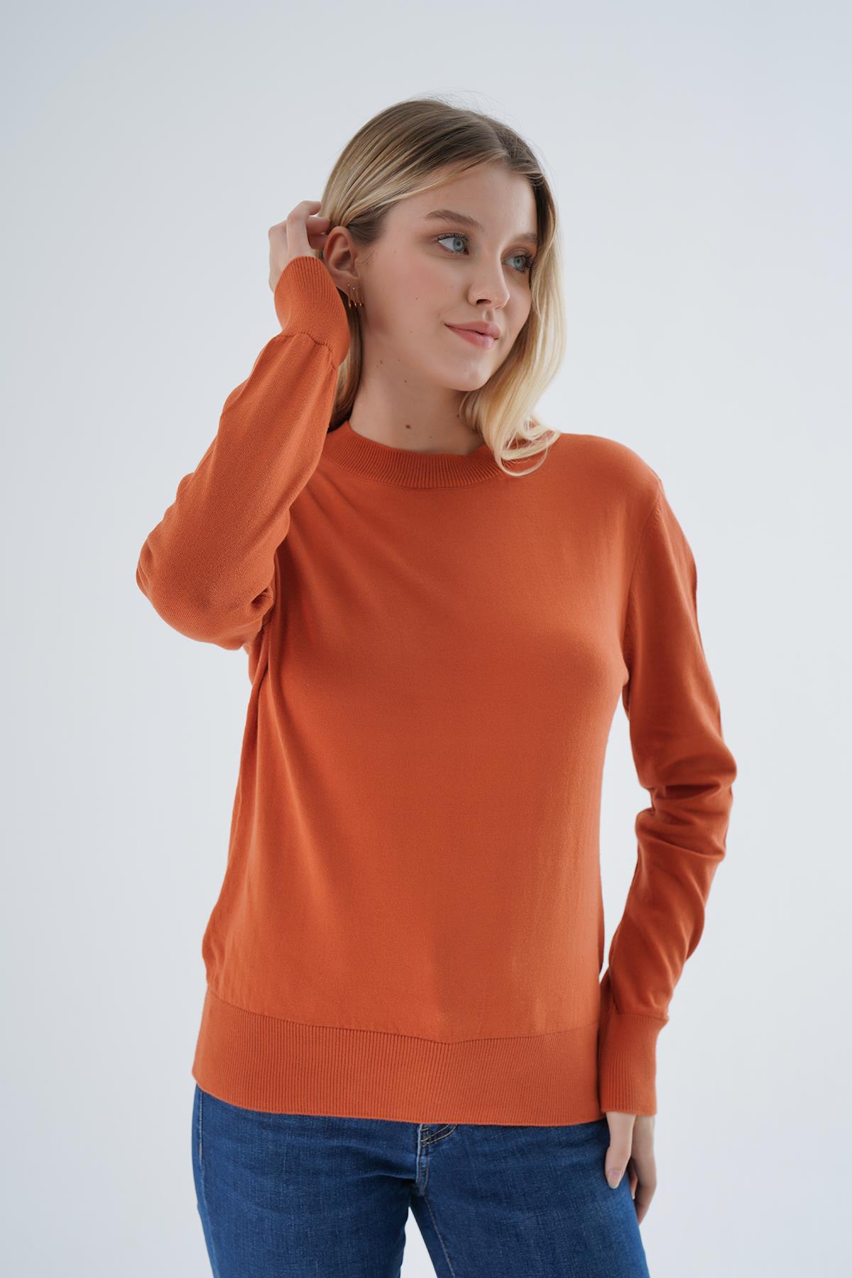 Kadın Açık Kiremit %100 Organik Pamuk Bisiklet Yaka Triko Kazak Bluz Trıst-6101