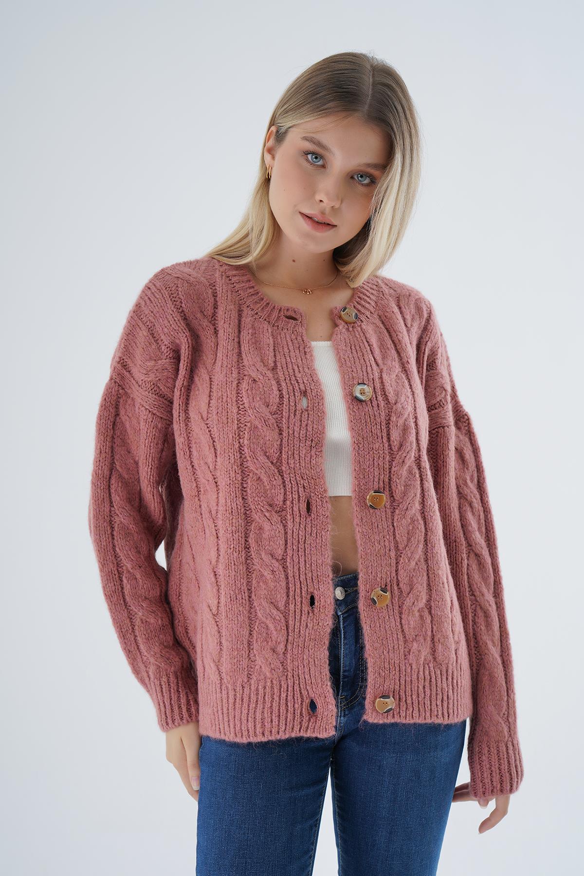 Kadın Gül Kurusu Oversize Bisiklet Yaka Düğmeli Saç Örgülü Yün Karışımlı Triko Örme Hırka TRIST-6166